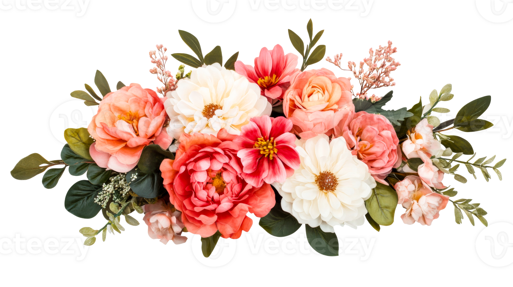Floral arrangement with coral roses and white dahlias, cut out transparent png
