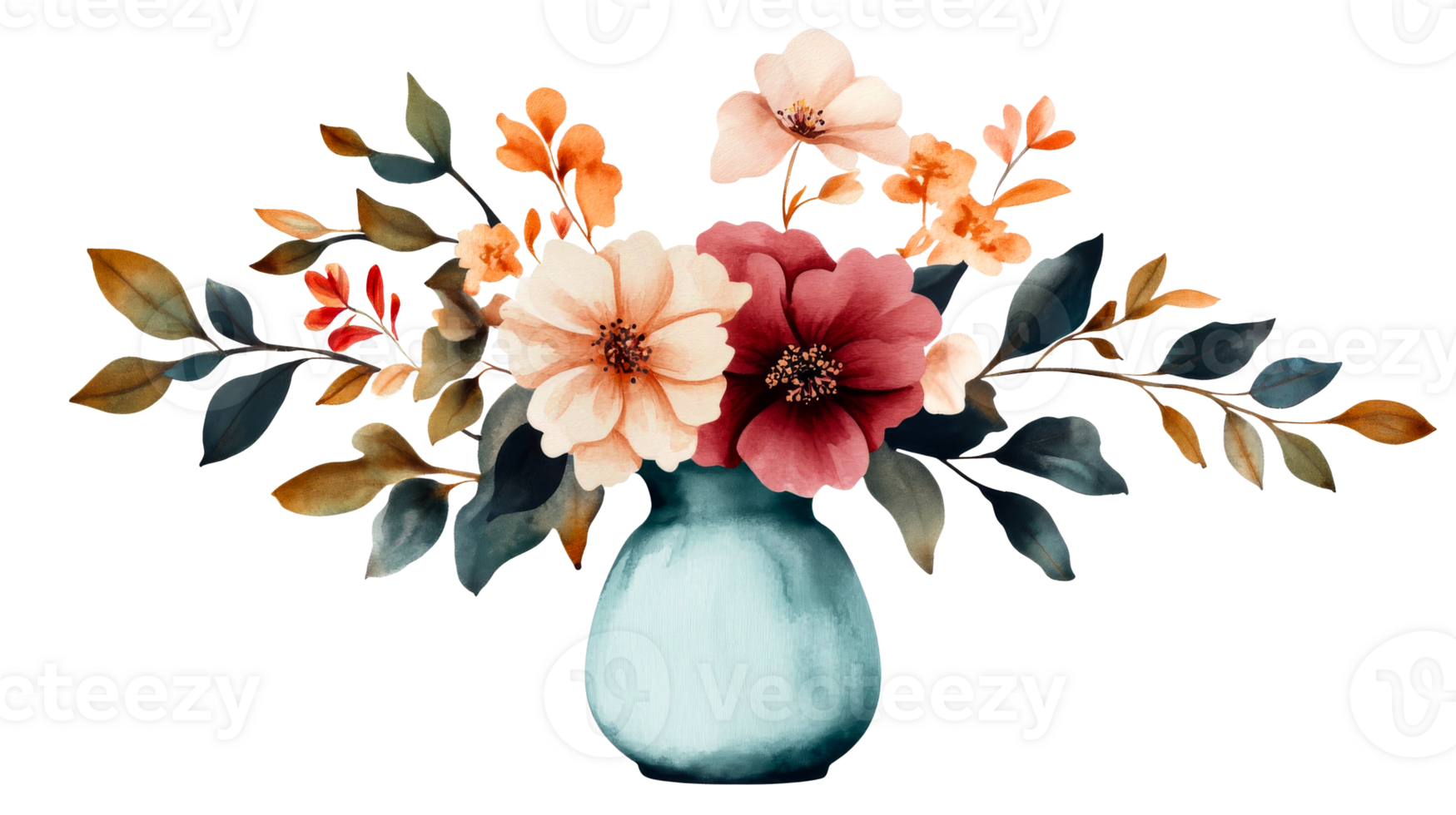 Watercolor floral arrangement in vase, blossoms, leaves, cut out transparent png