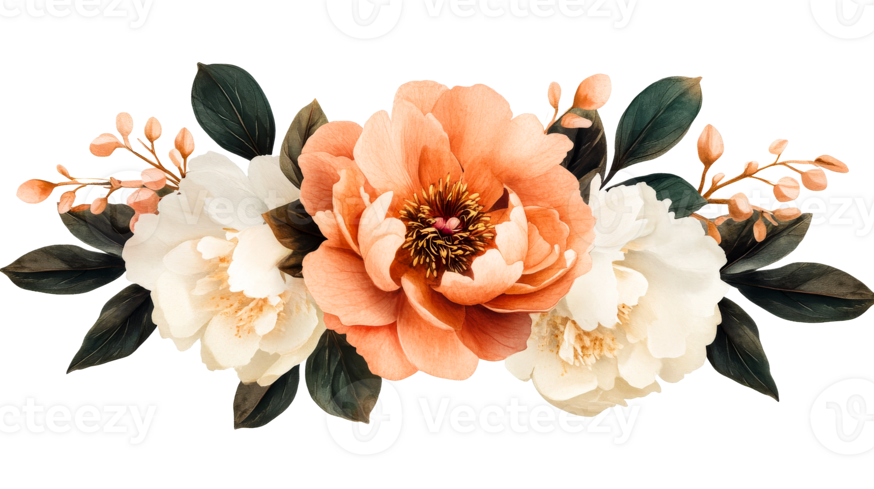 Floral arrangement of peonies and leaves on black background, cut out transparent png