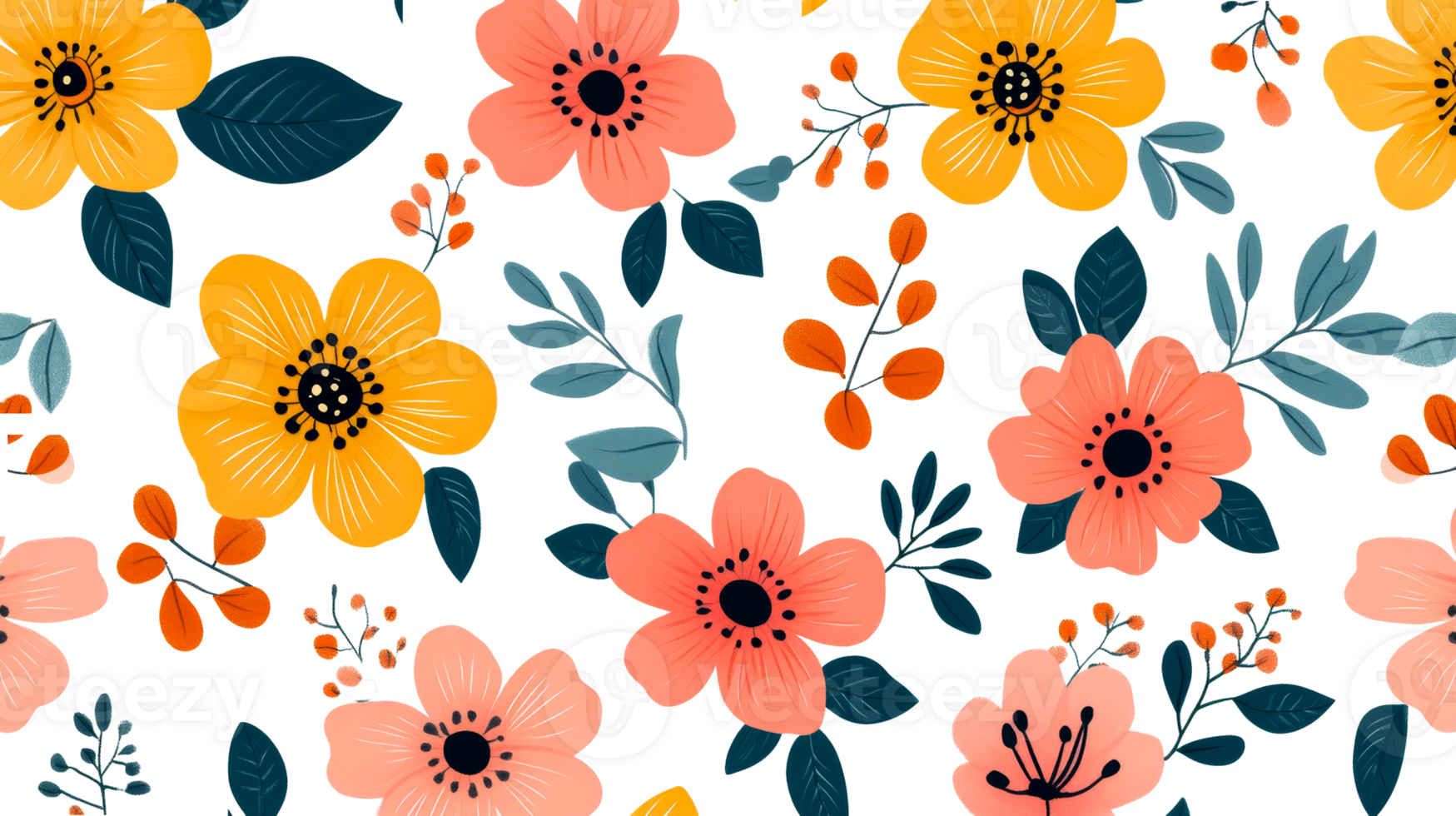 Floral pattern with pink and yellow flowers on dark background, cut out transparent png