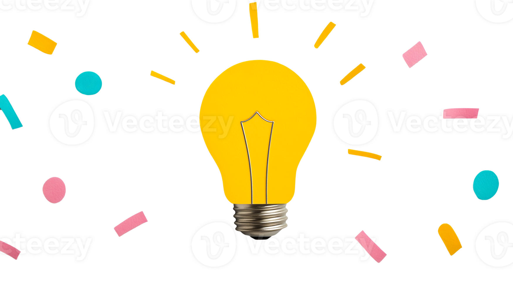 Yellow lightbulb idea with confetti on black background, cut out transparent png