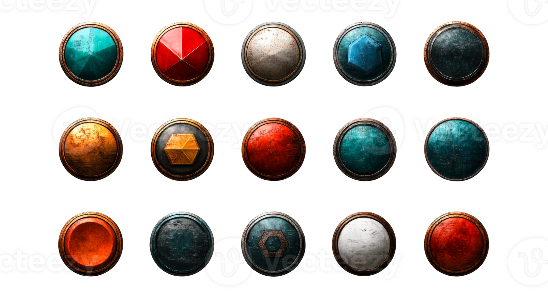 Set of worn fantasy icons, antique design elements, circular shapes, cut out transparent png