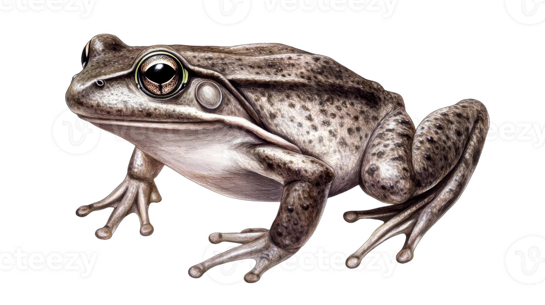 Realistic frog detailed illustration on black background, cut out transparent png