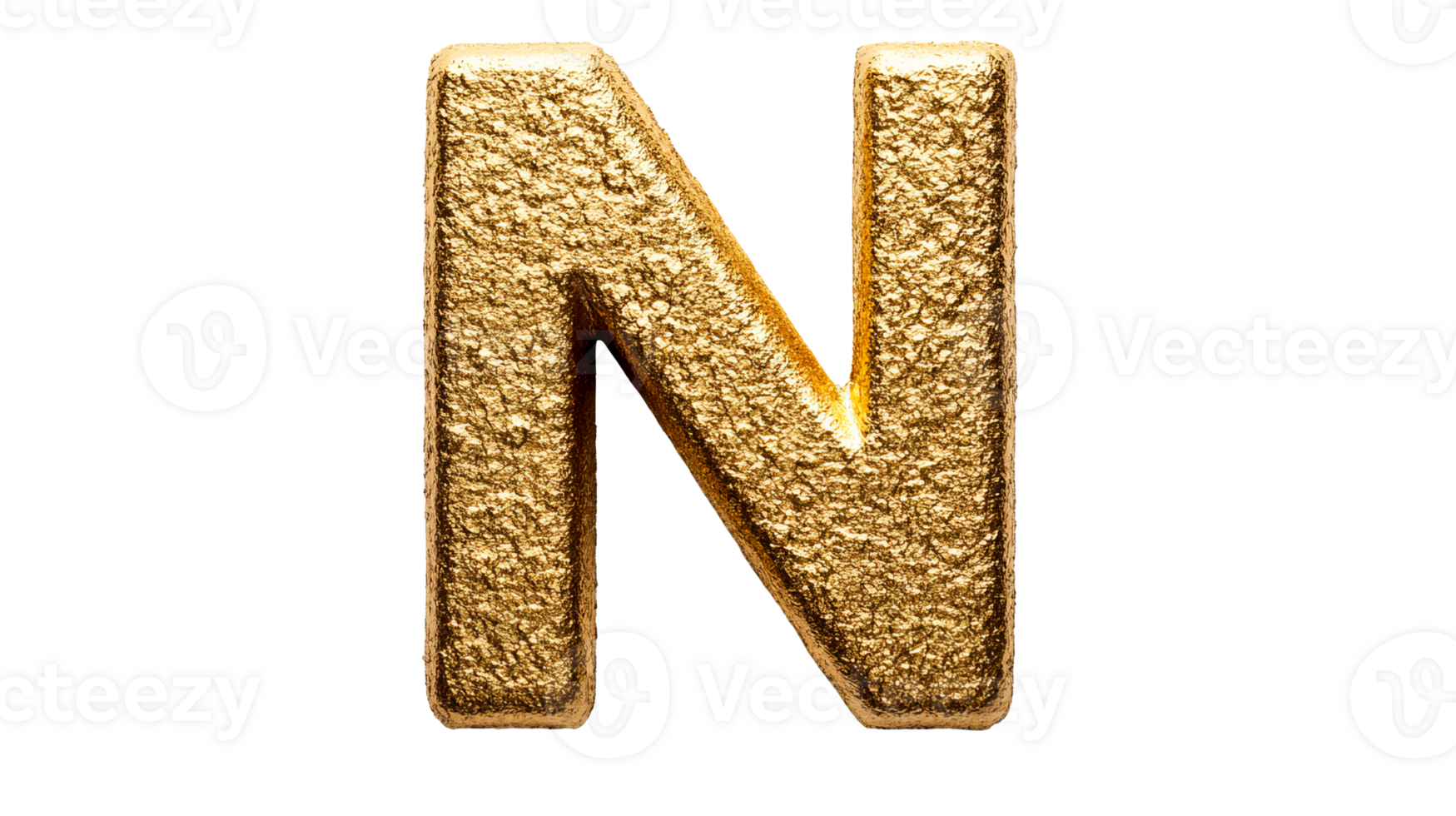 Letter N, golden textured font on black background, cut out transparent png