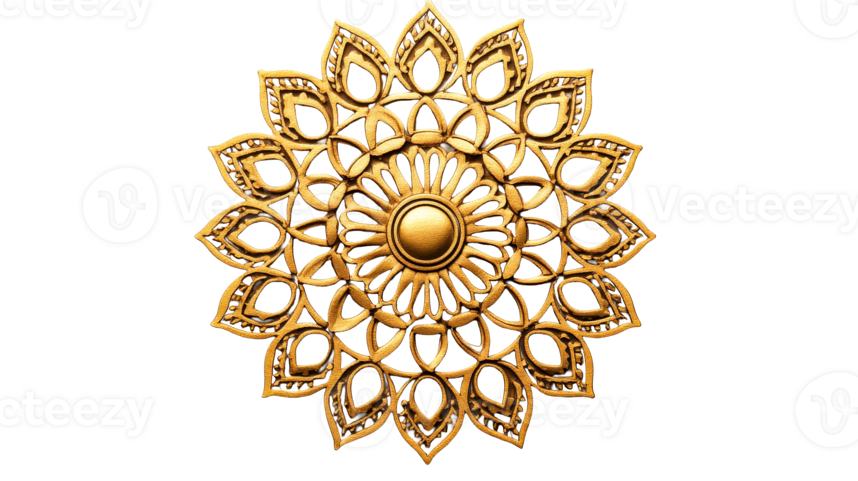 Golden floral mandala pattern with a circular design, cut out transparent png