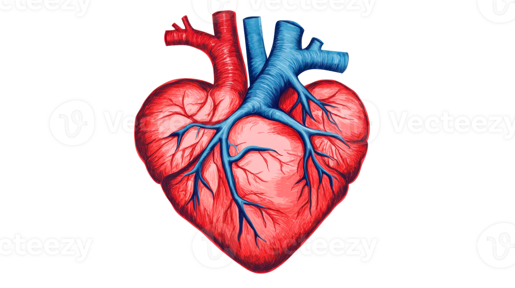 Anatomical heart detailed drawing, circulatory system, valves, cut out transparent png