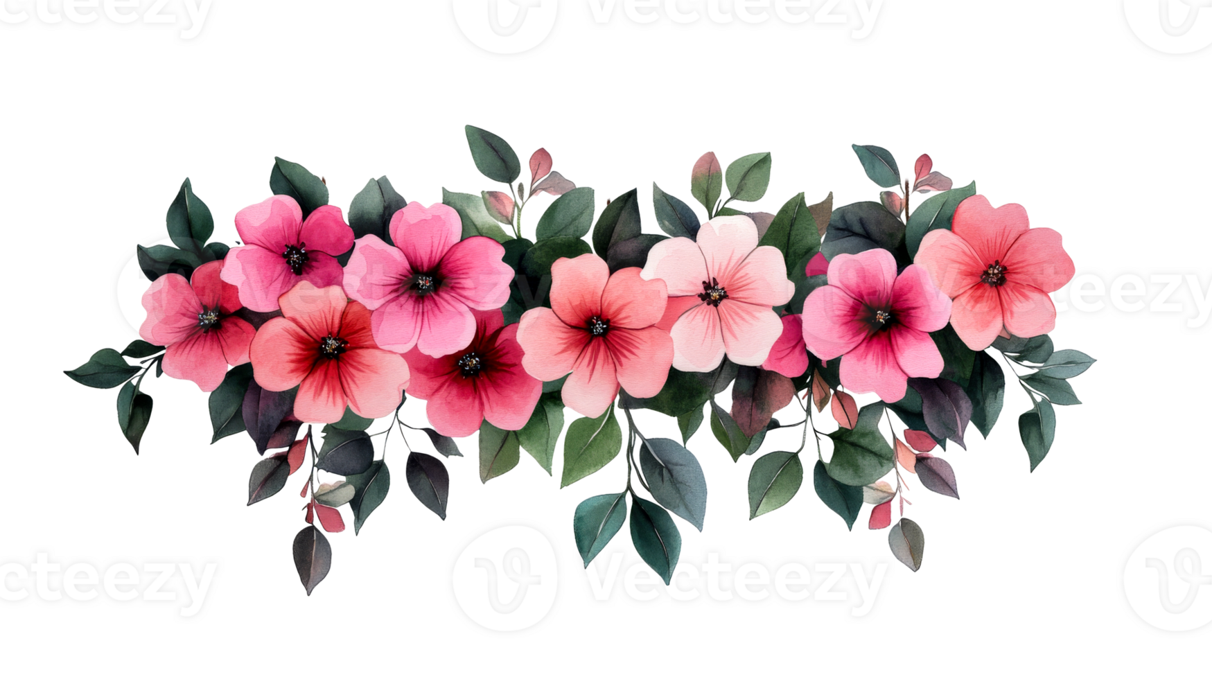 Watercolor pink flowers arrangement isolated on black background, cut out transparent png