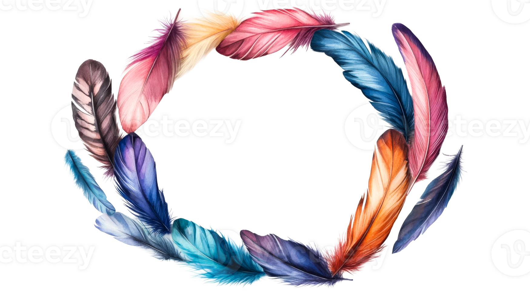 Watercolor Feather Circle Frame, Vibrant Color Design, cut out transparent png