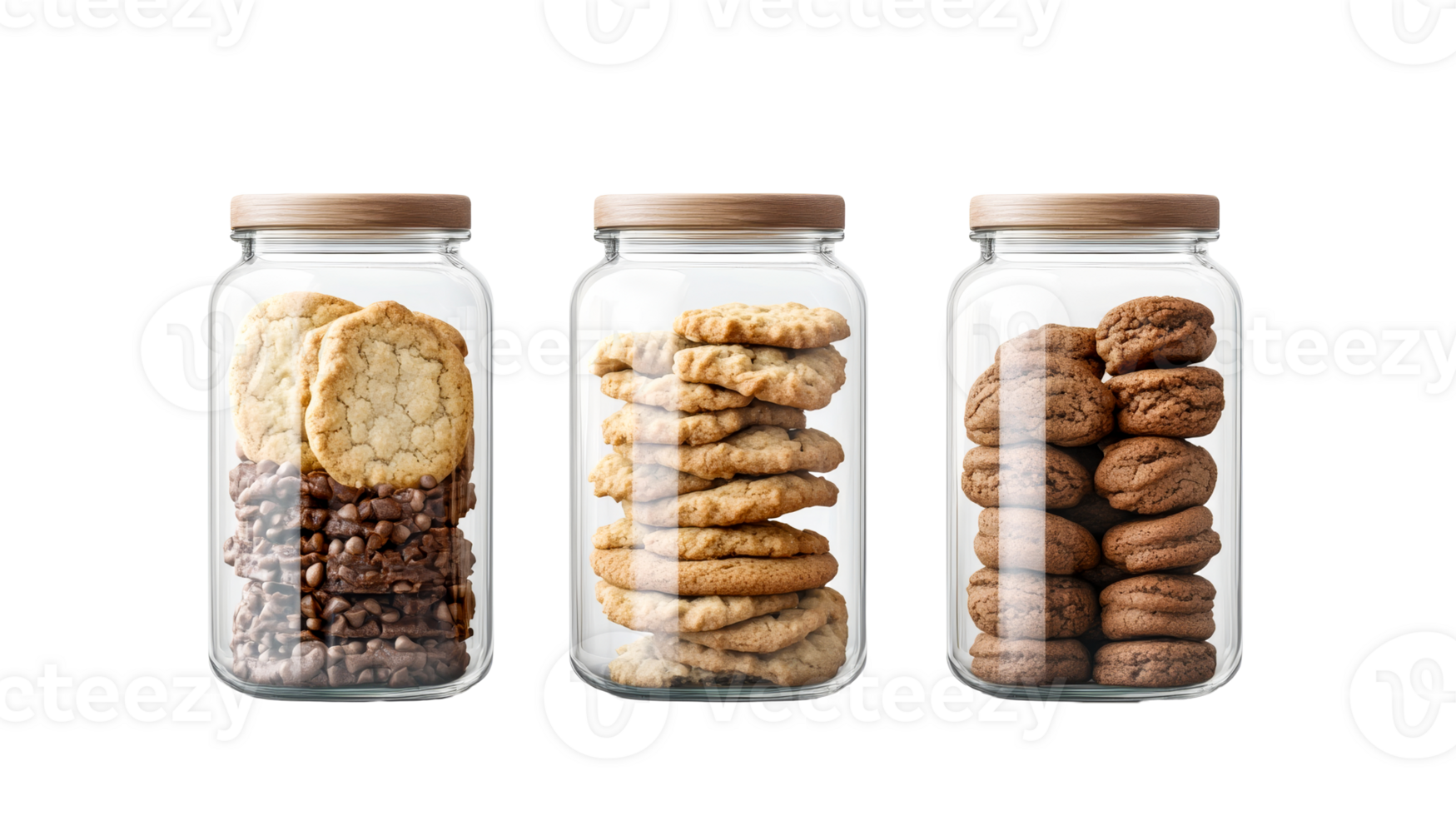 Assorted cookies in jars close up, cut out transparent png
