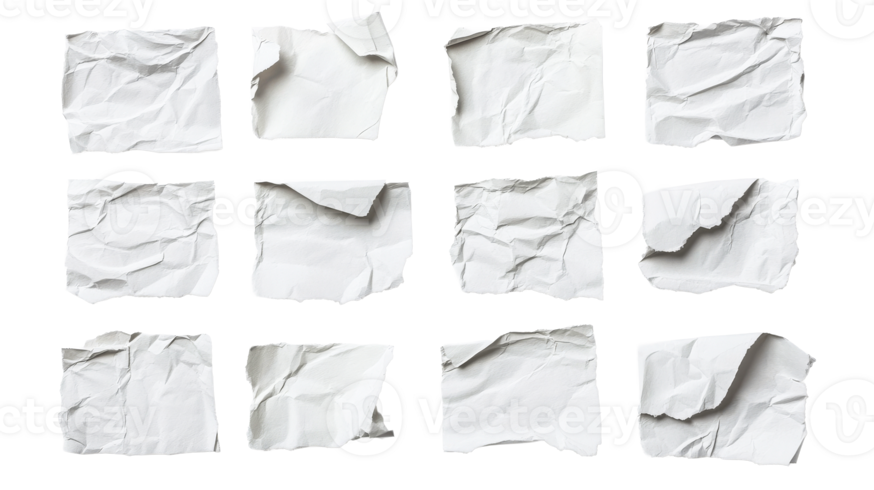 Crumpled paper sheets, white texture elements collection, isolated shape, cut out transparent png