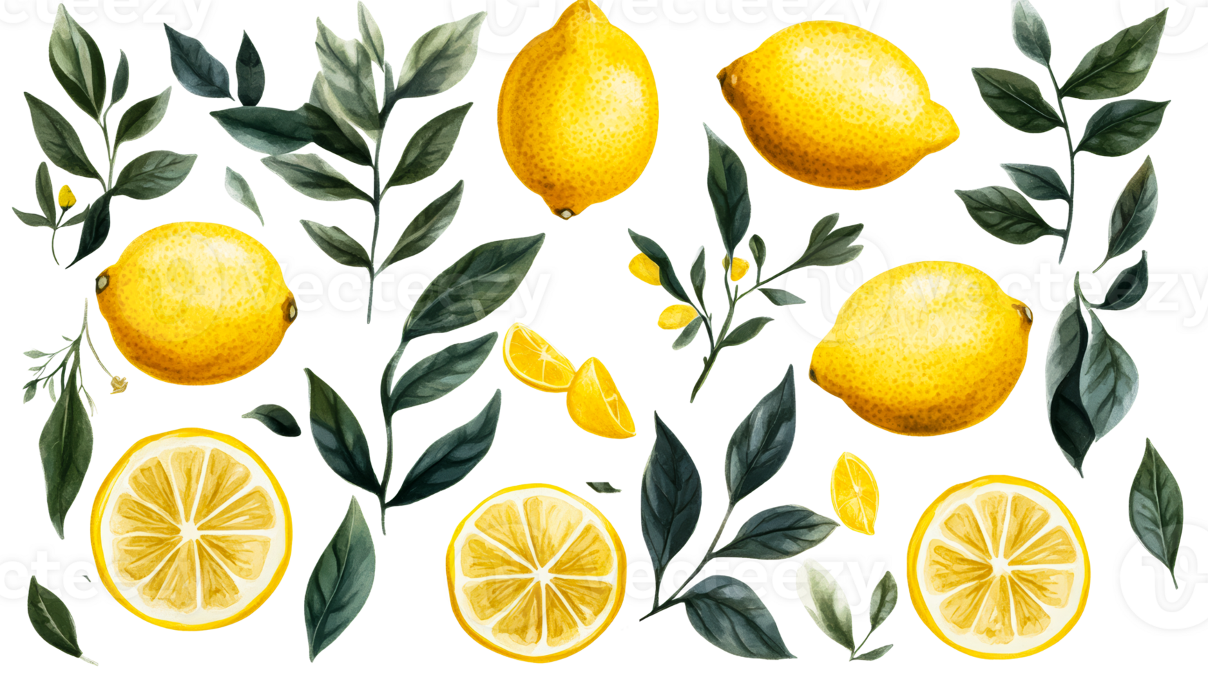Lemons and leaves watercolor pattern, citrus, background, food, cut out transparent png