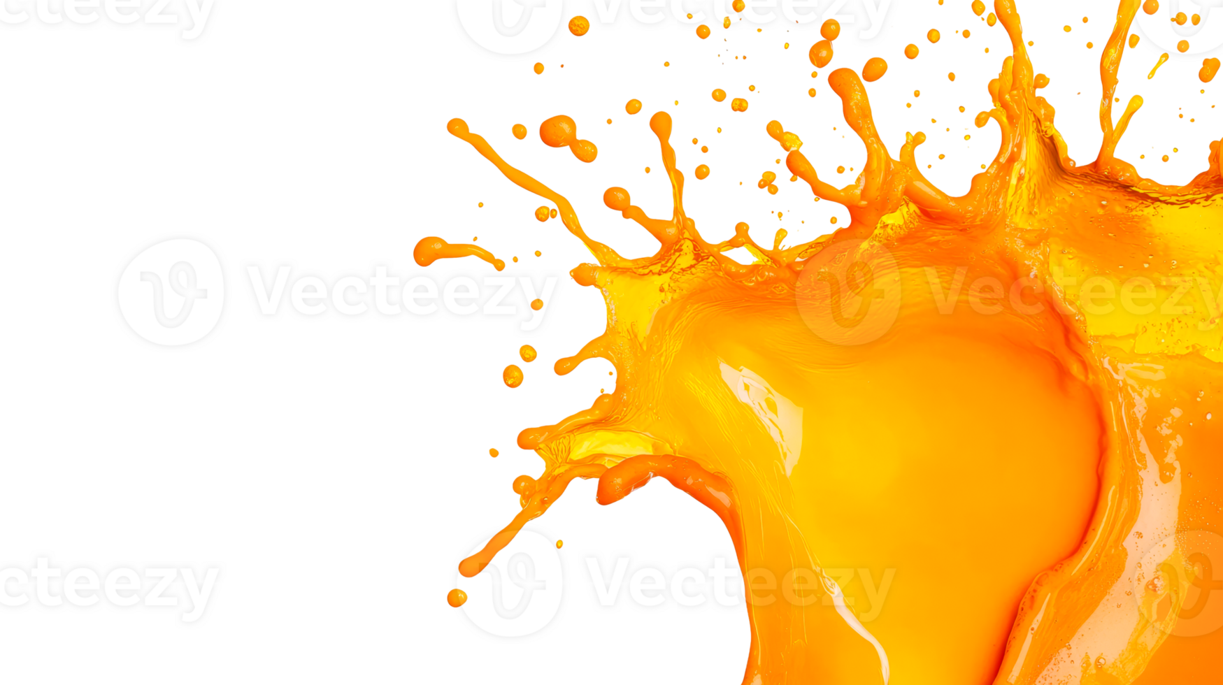 Bright orange juice splash on black background, cut out transparent png