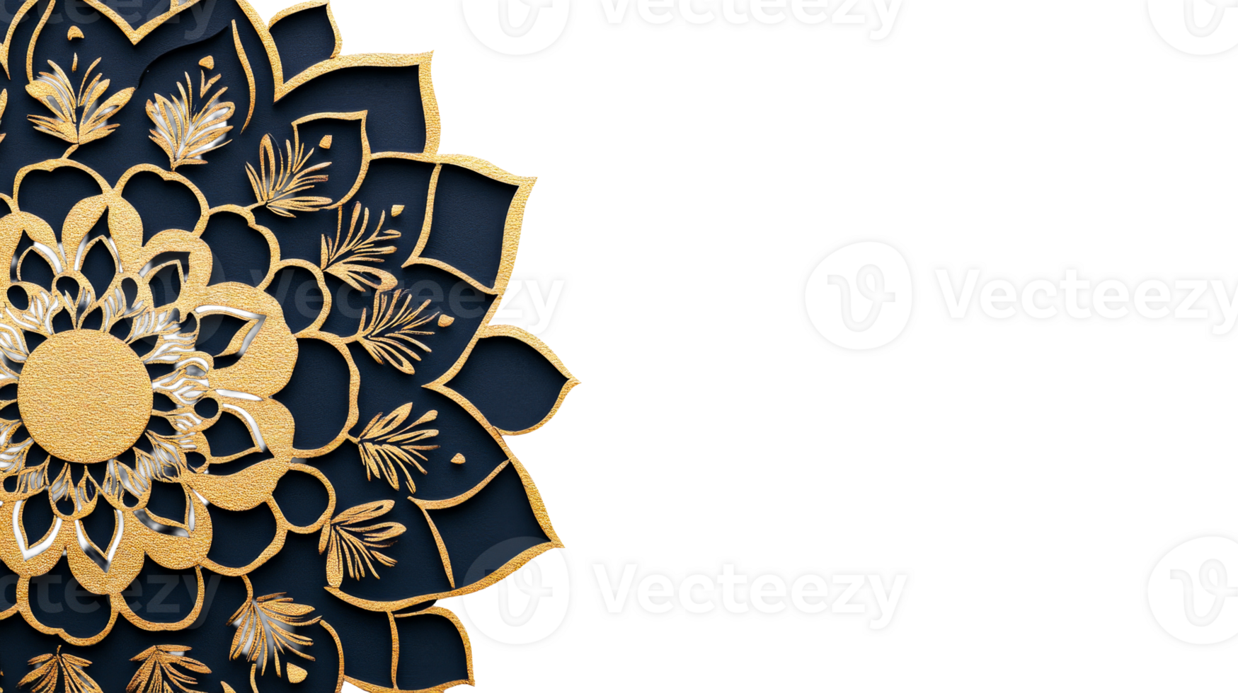 Ornamental gold mandala on dark blue background, cut out transparent png