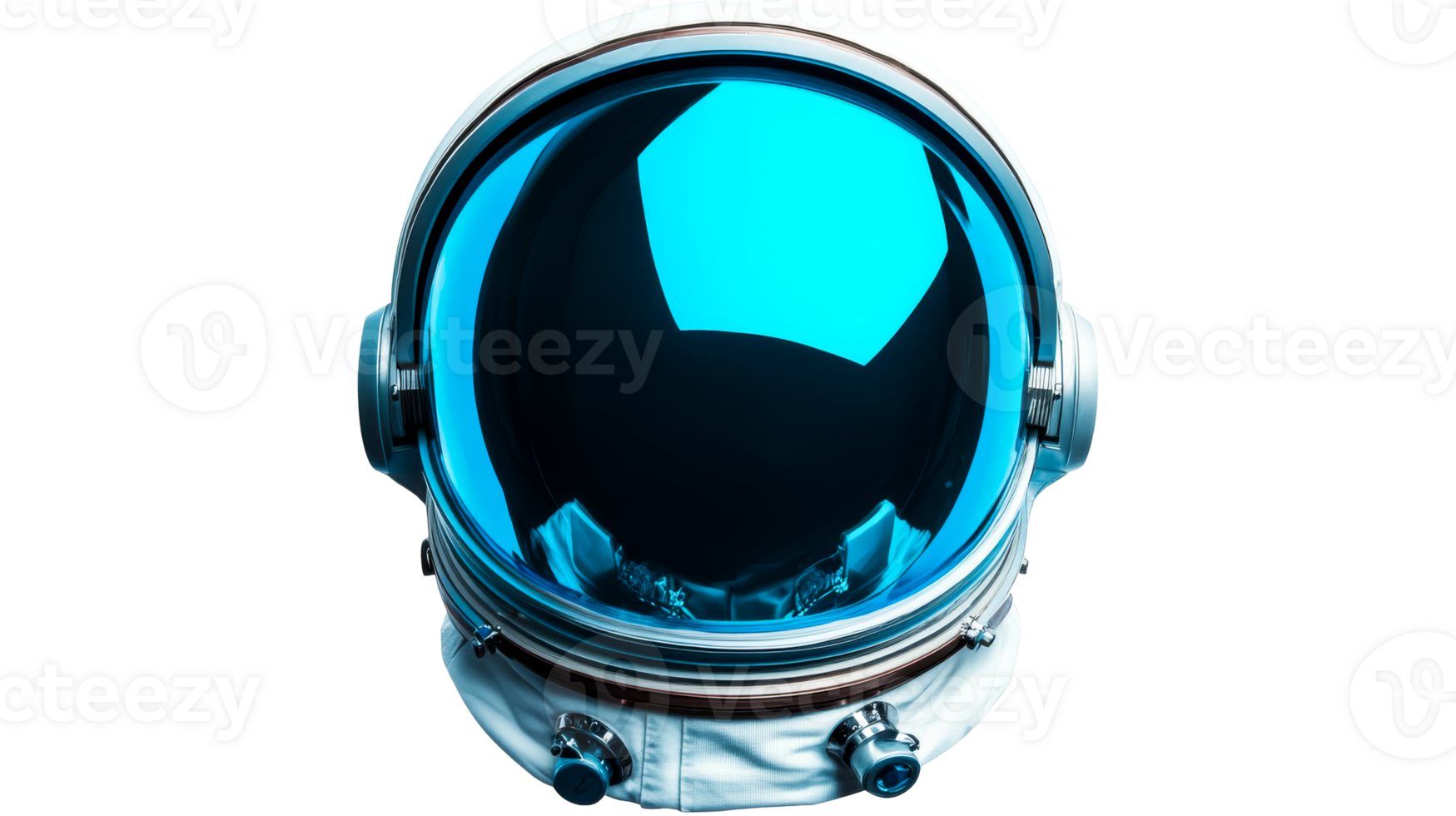 Futuristic astronaut helmet with blue visor, hi-tech suit, cut out transparent png