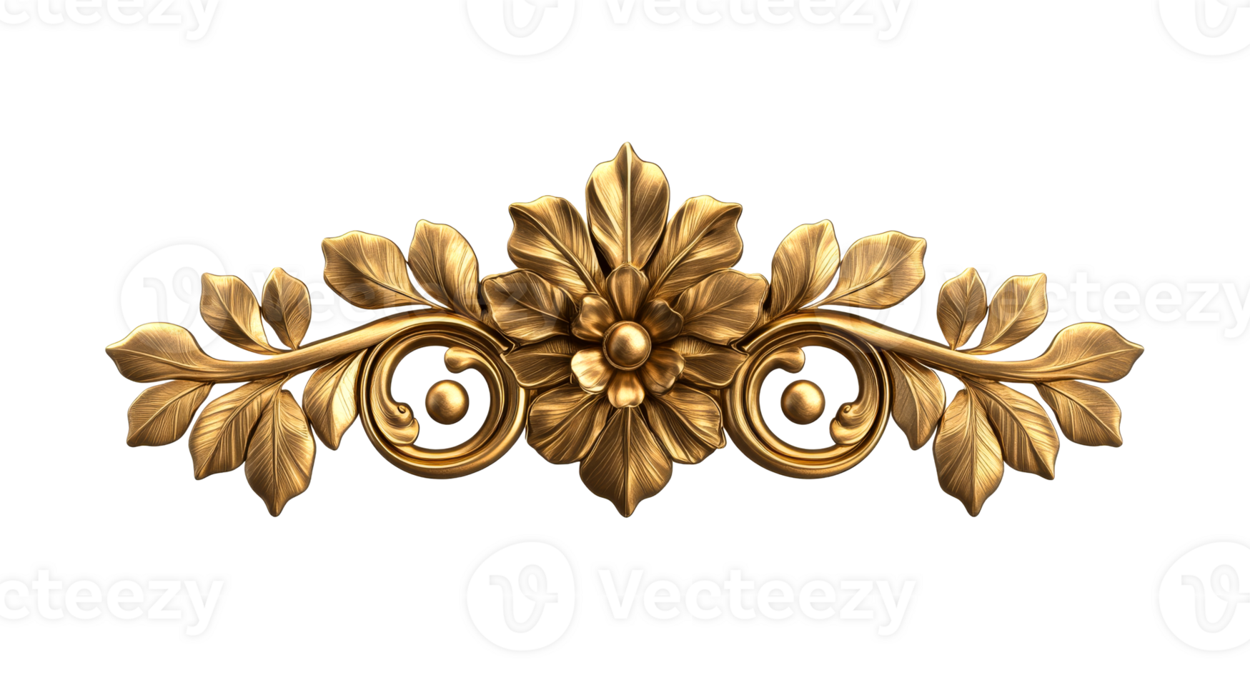 Ornate gold flower design element with scrolls, cut out transparent png