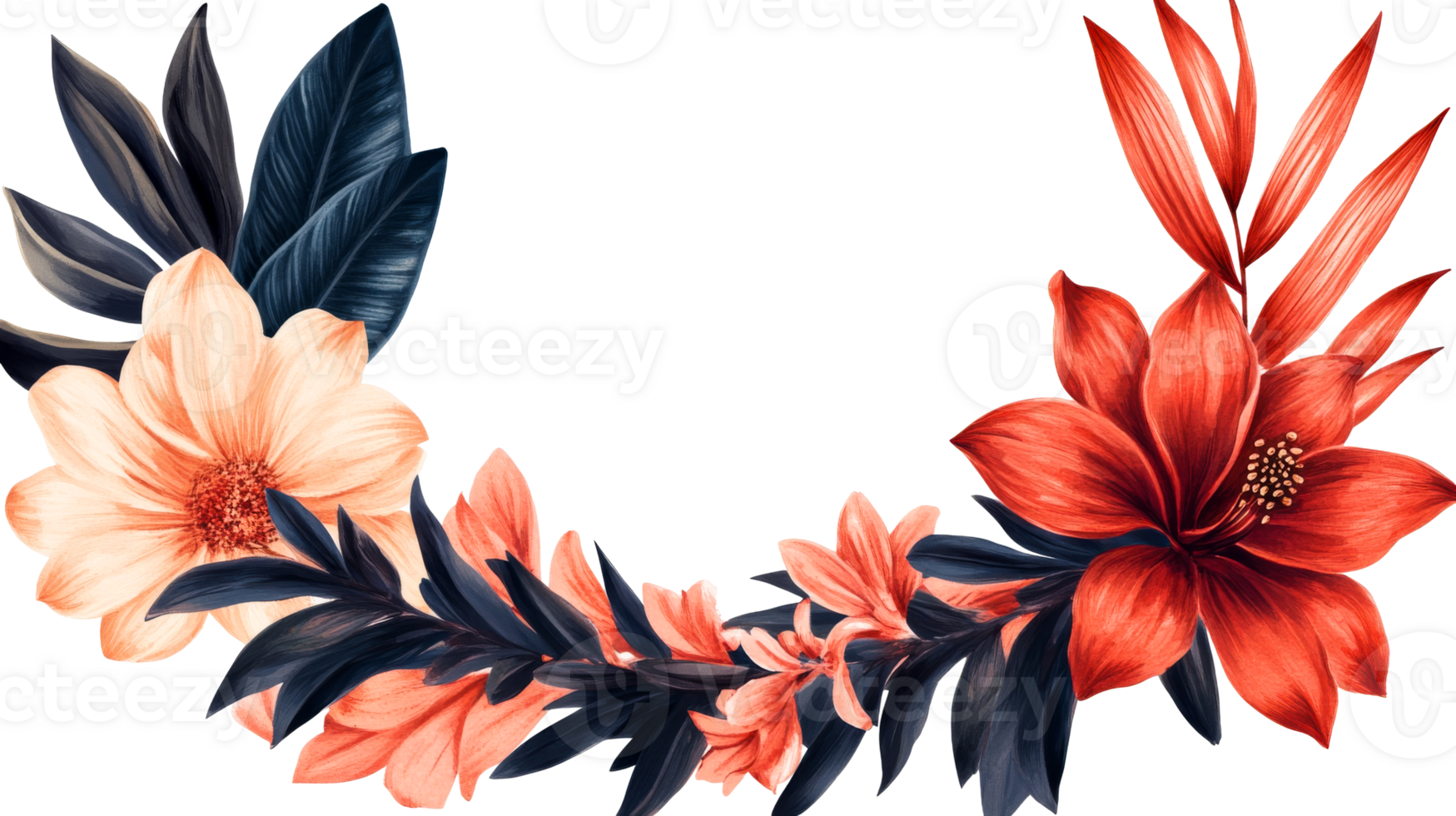 Floral wreath with elegant leaves and flowers, cut out transparent png