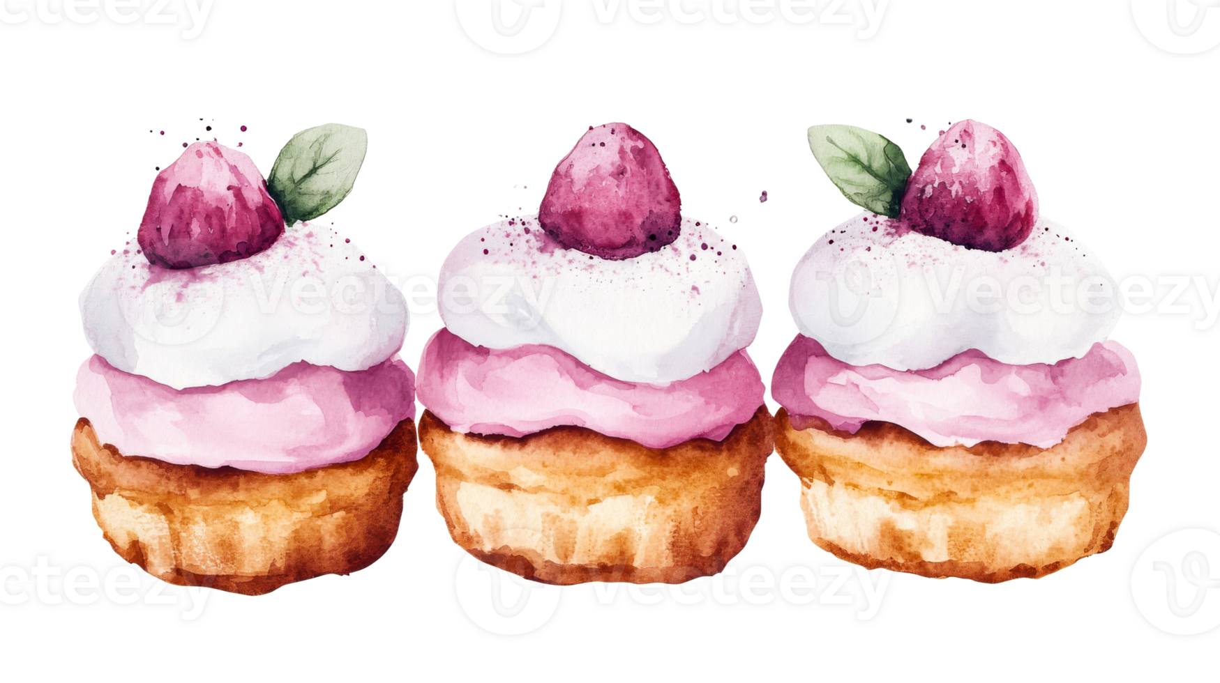 Three cupcakes with strawberry cream toppings, cut out transparent png