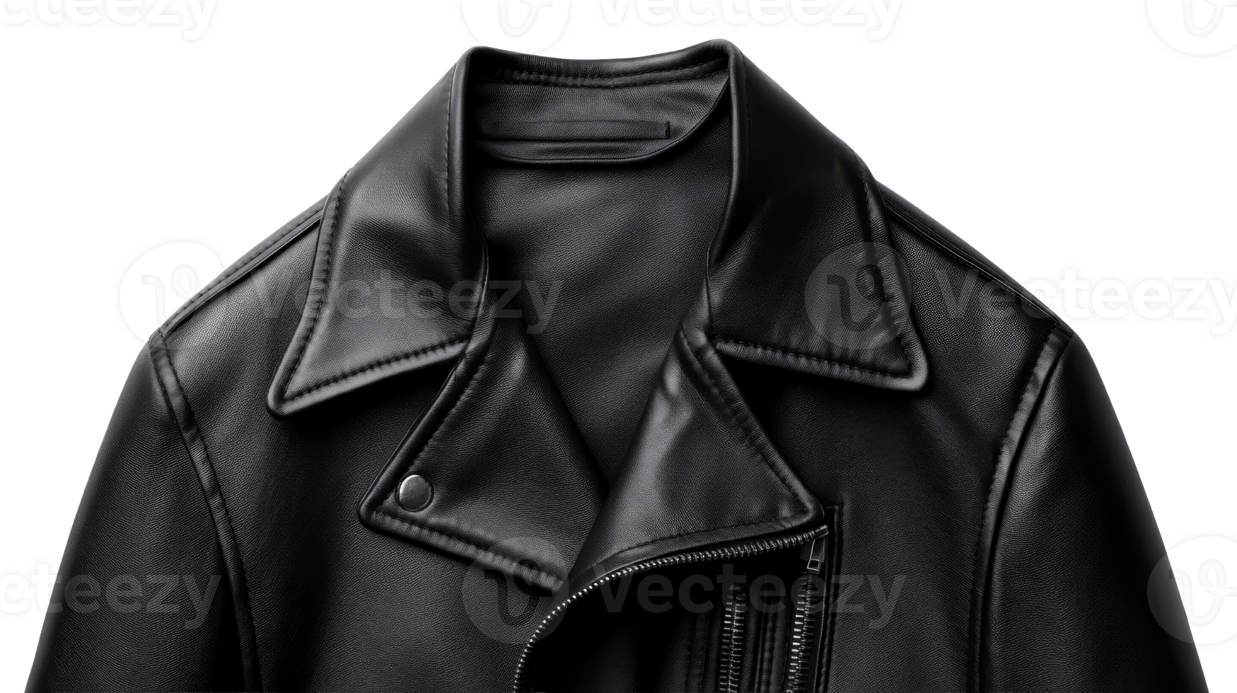 Stylish leather jacket, collar, zipper, and snap button, cut out transparent png