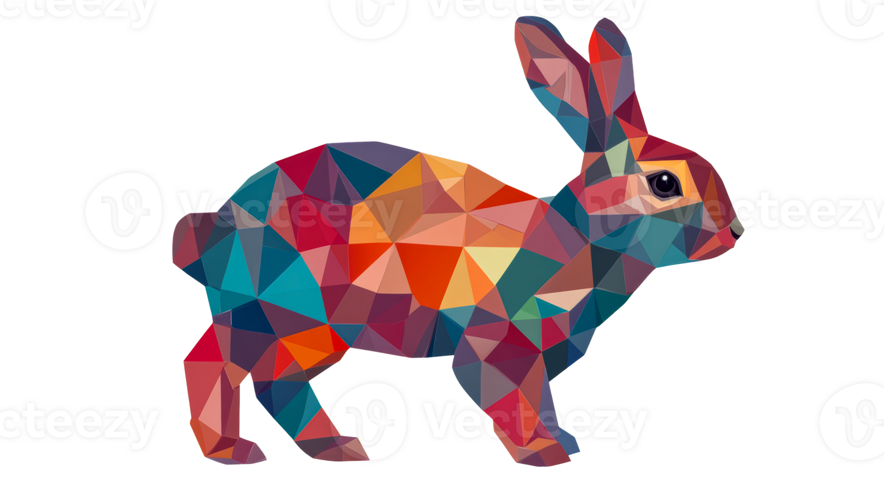 Polygonal vibrant rabbit illustration on a black background, cut out transparent png