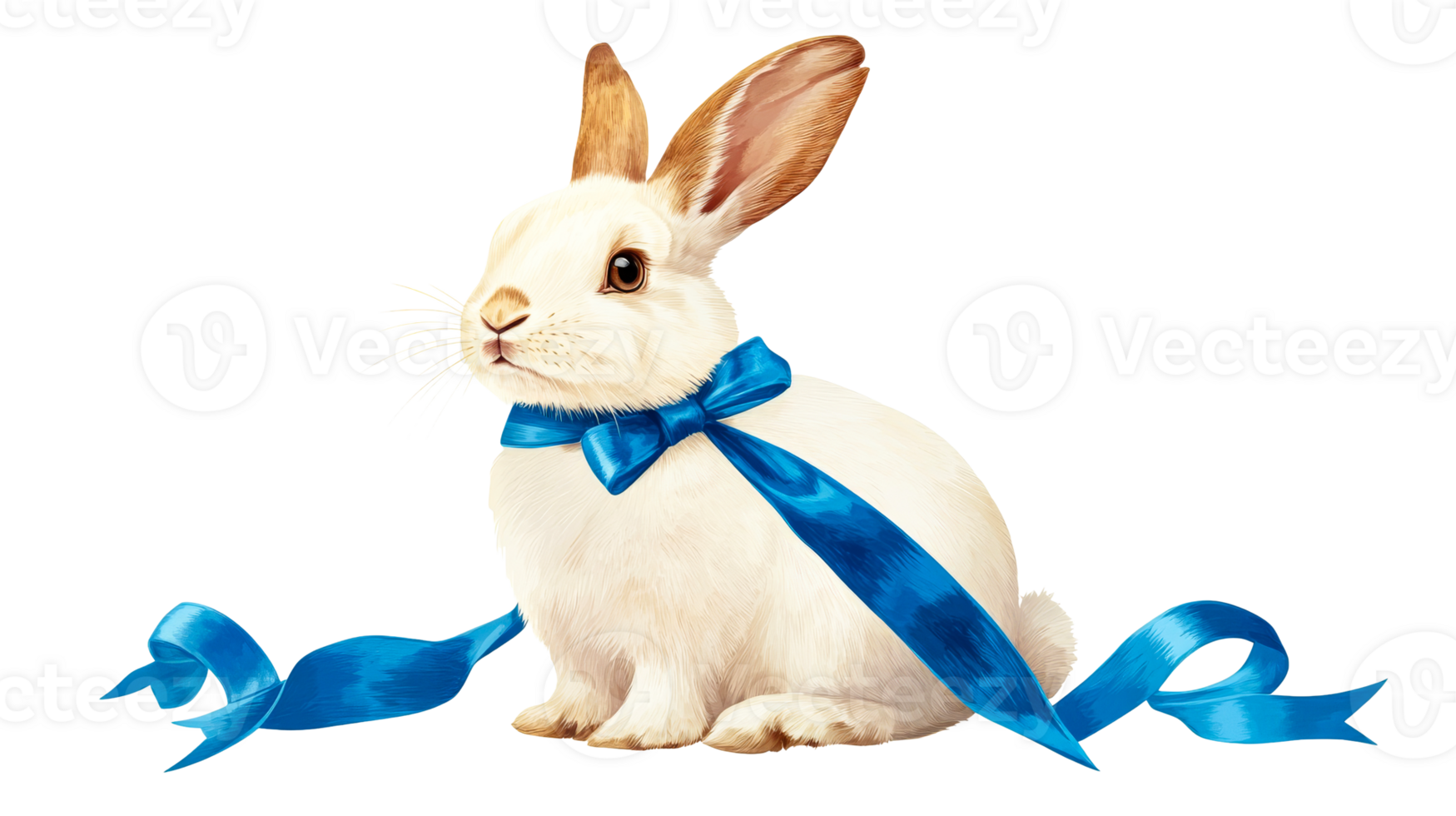 Cute white rabbit with blue bow sits still, transparent cutout png