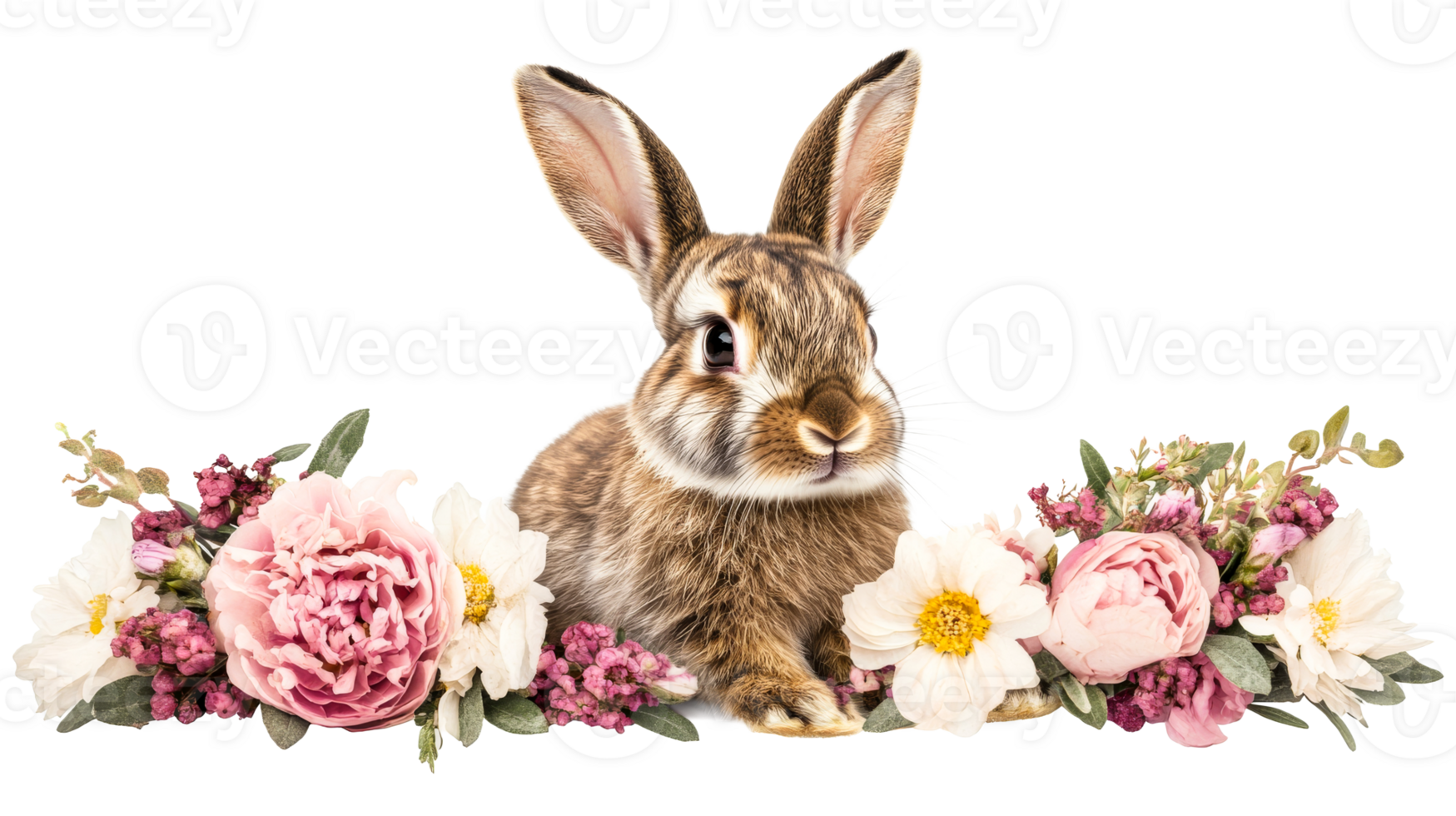 Rabbit among spring flowers on black background, cut out transparent png