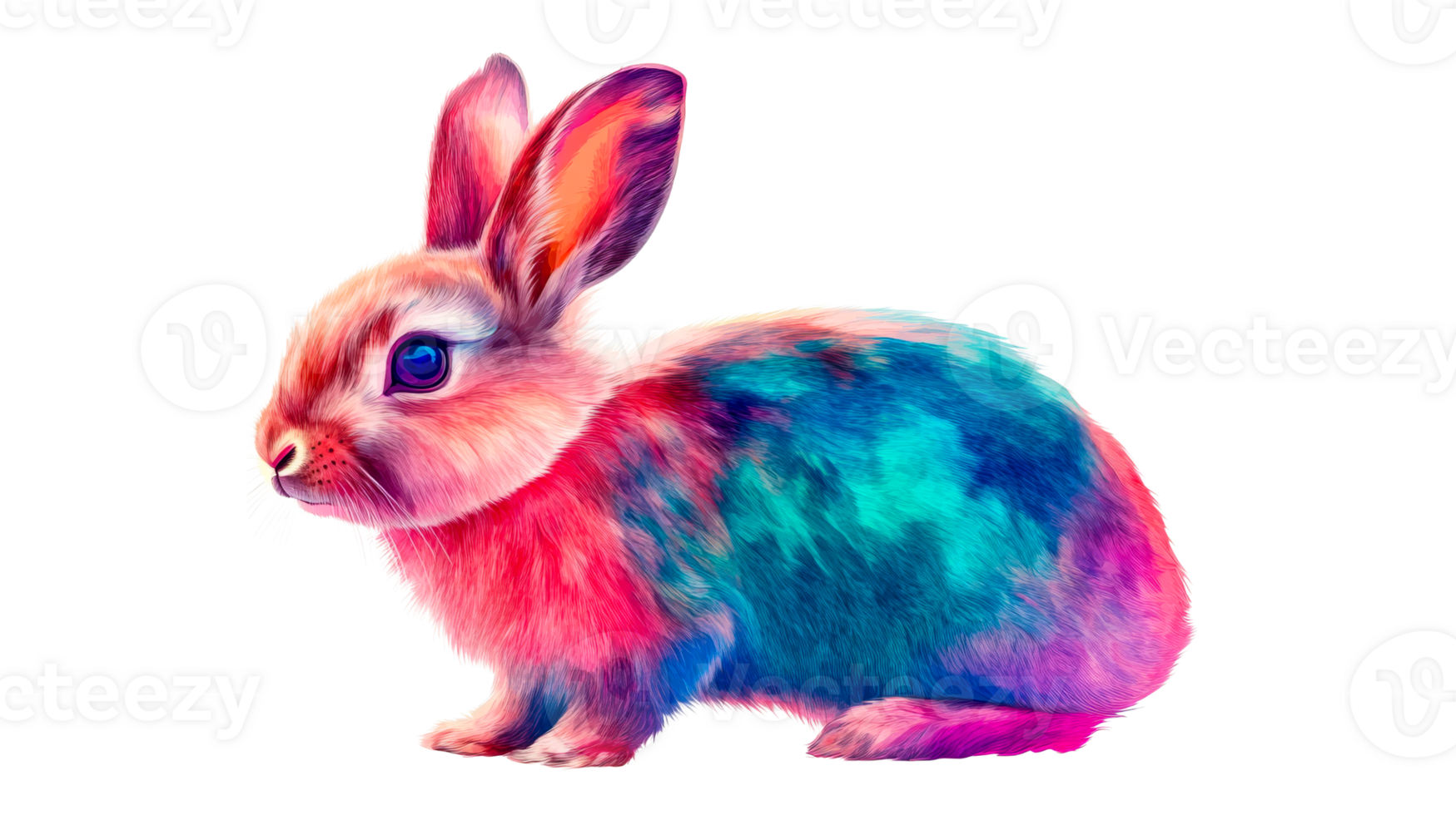 Colorful rabbit illustration, bright fur art, whimsical design, cut out transparent png
