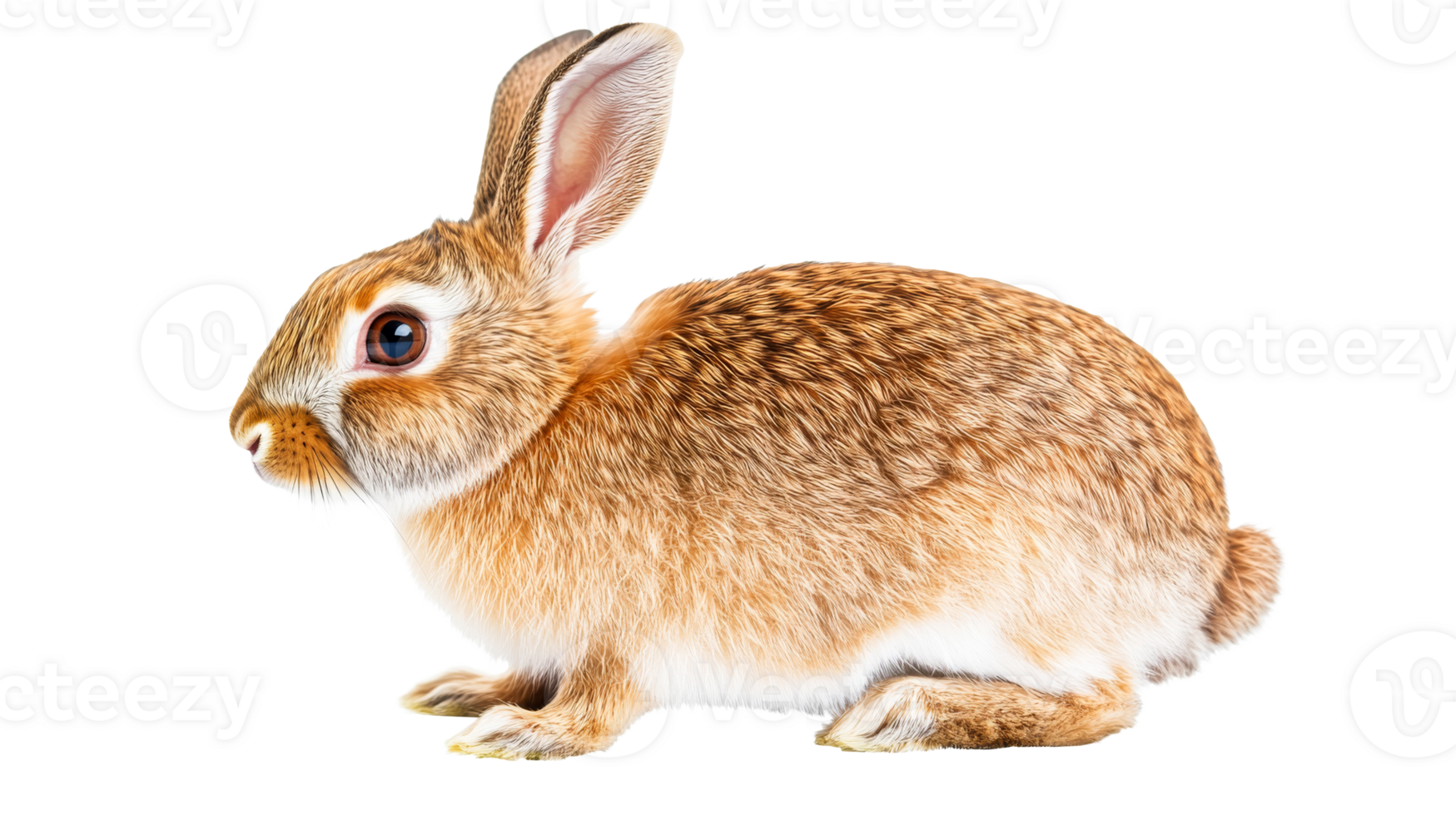 Rabbit with light brown fur sits to the side, cut out transparent png