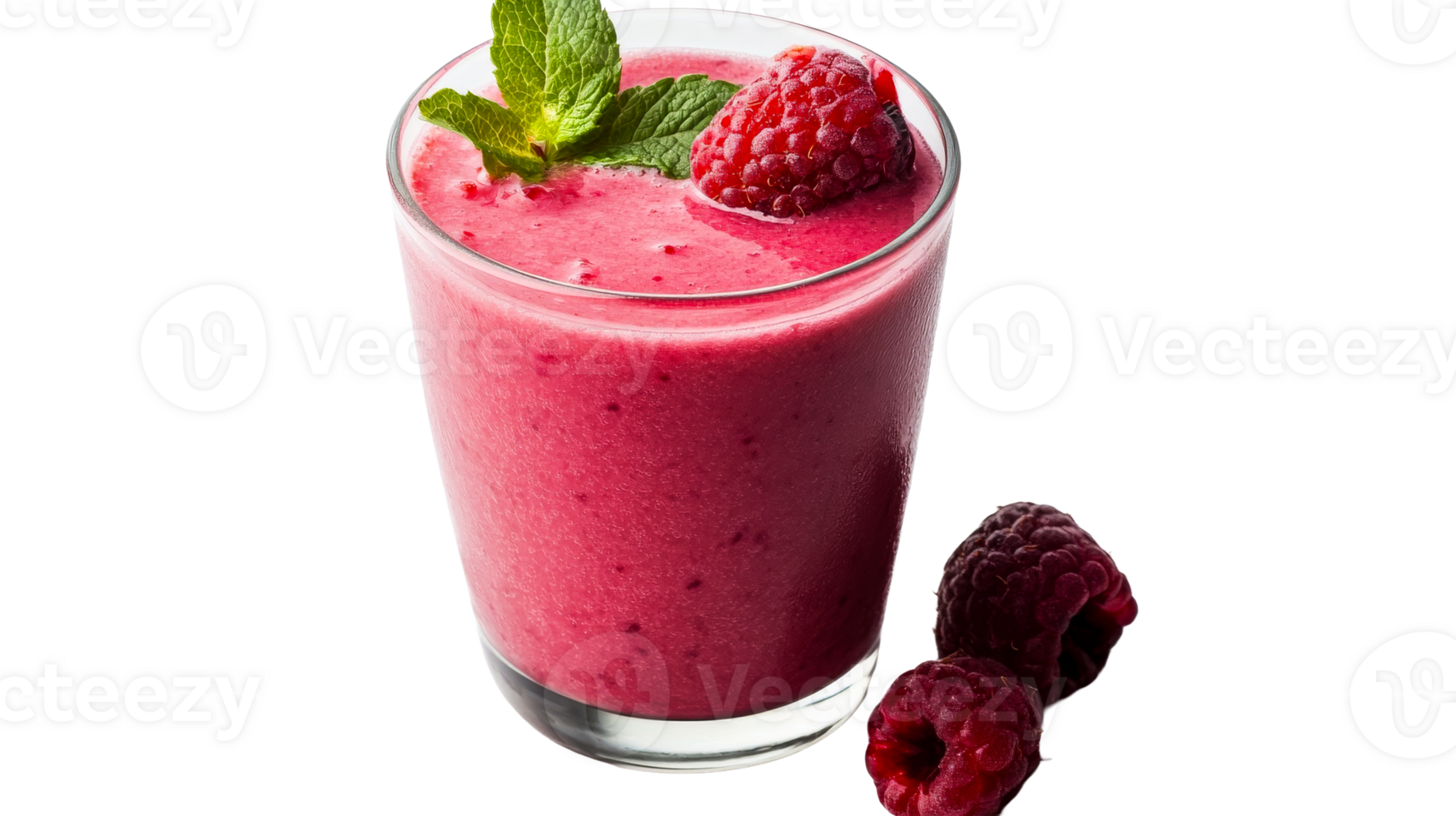 Raspberry smoothie in a glass with mint and berries, cut out transparent png