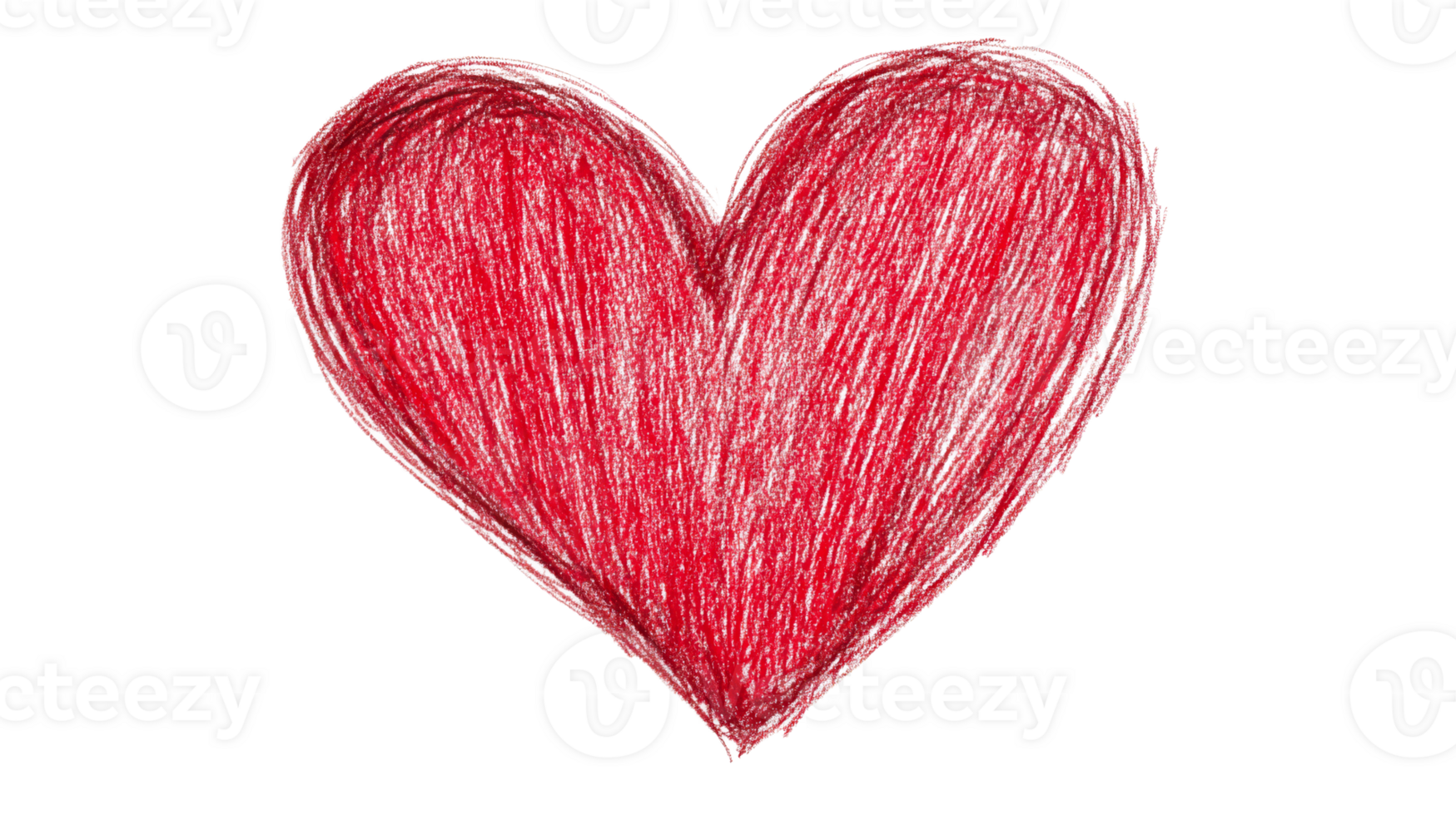 Red heart sketch drawing for Valentine's Day on black background, cut out transparent png