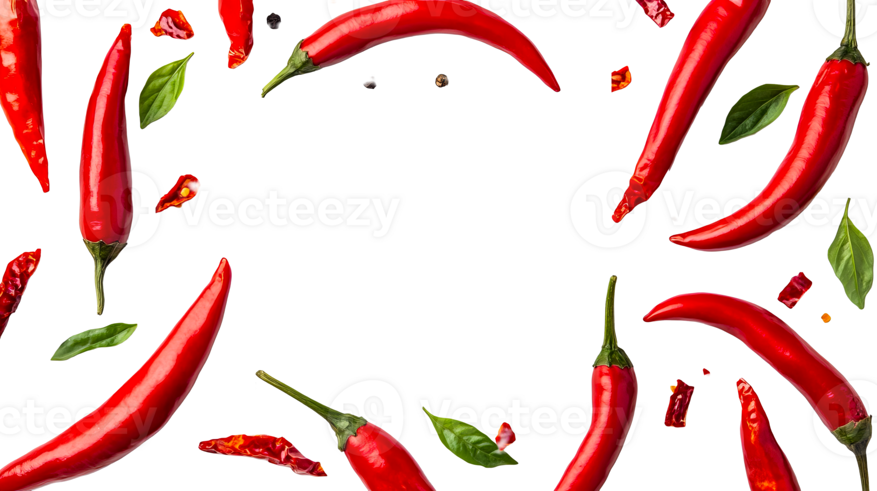 Red chili pepper layout with basil on black, cut out transparent png