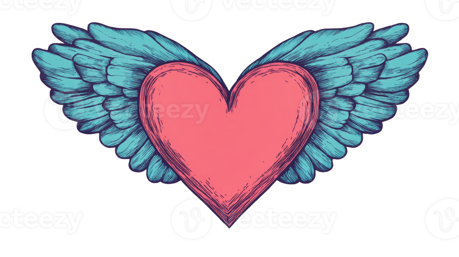 Winged heart art, , turquoise, red, sketch, pattern, detailed, cut out transparent png