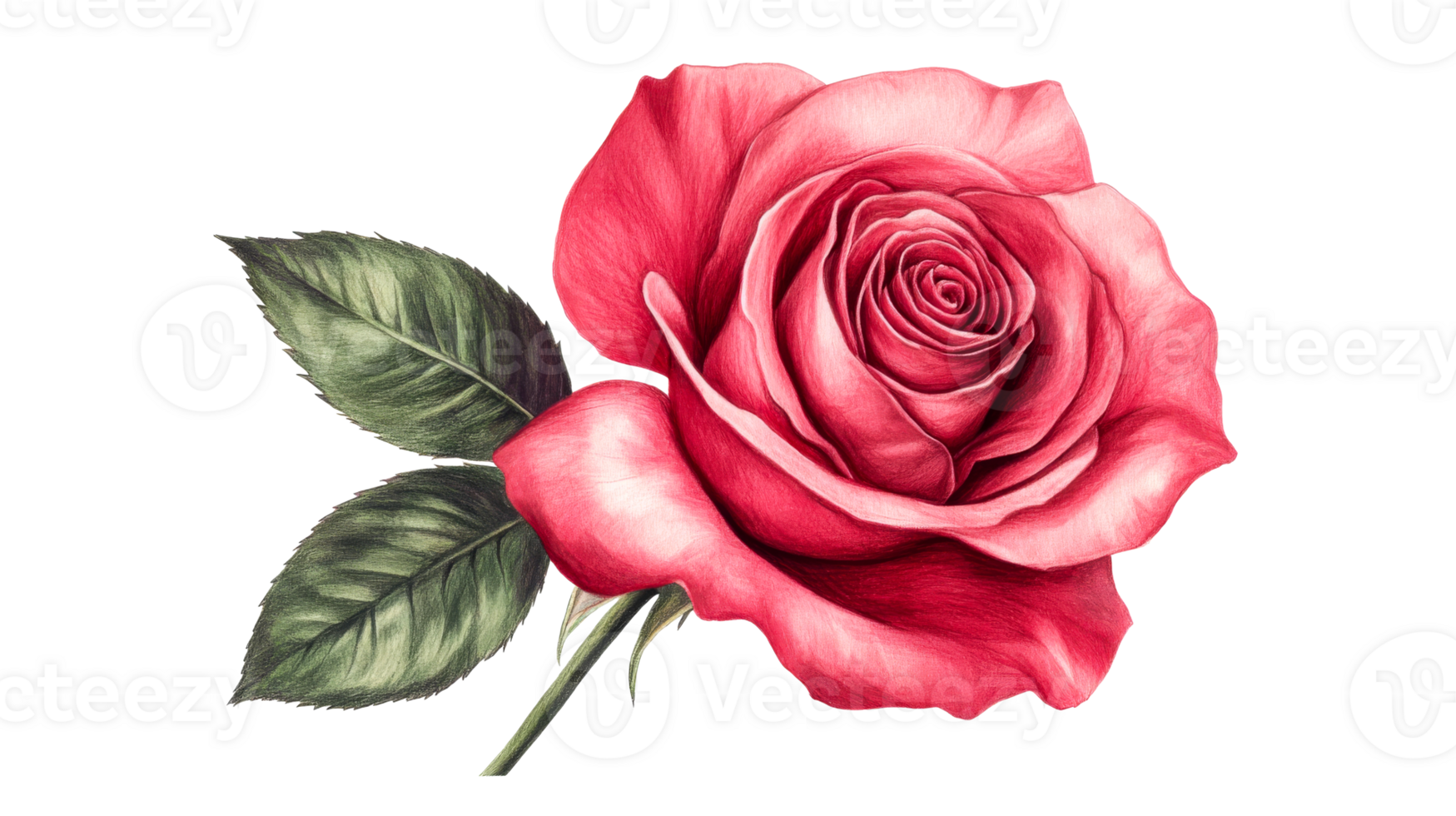 Red rose illustration with leaves, detailed blossom and petals, cut out transparent png
