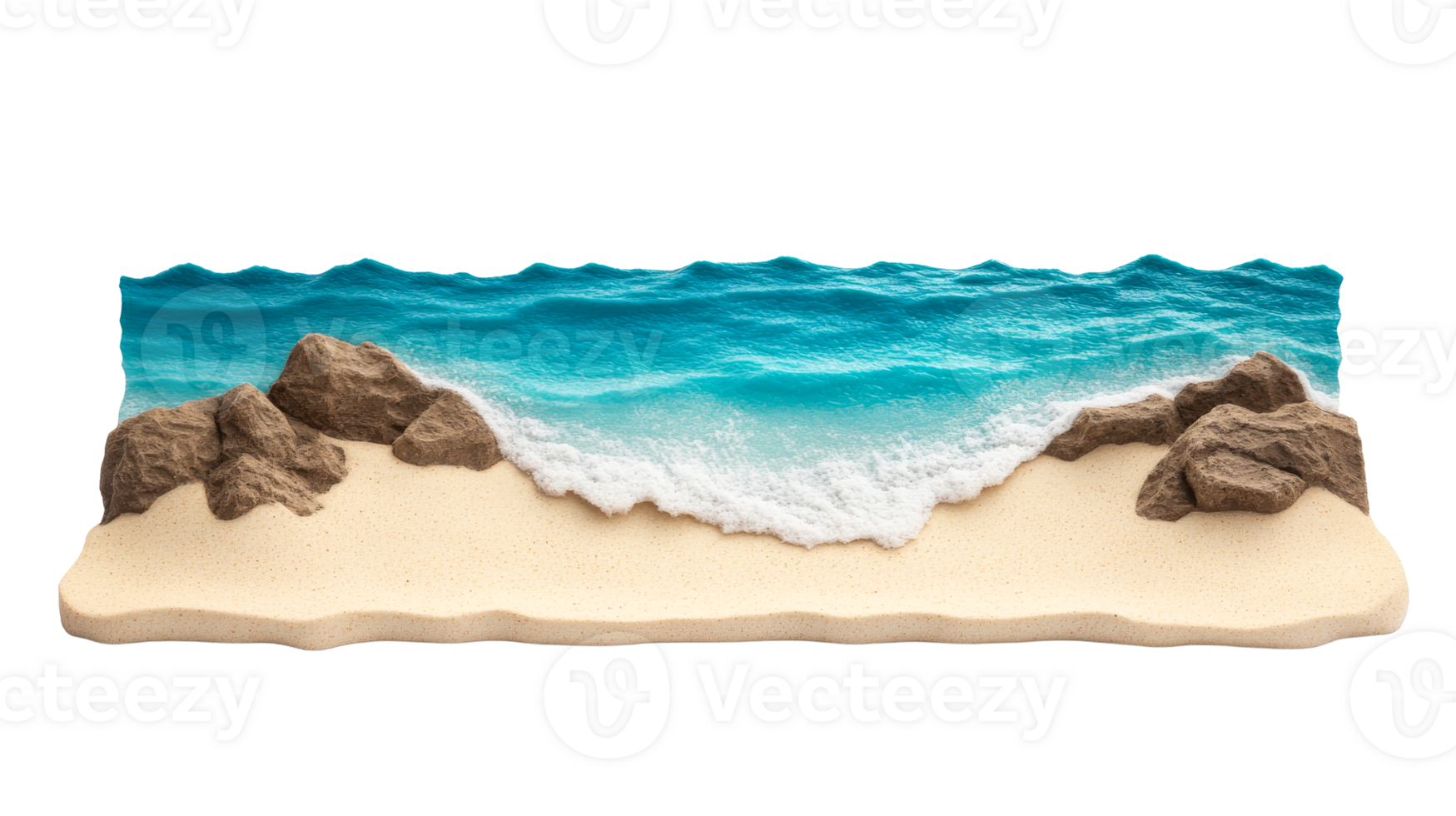 Miniature beach with rocks and turquoise water, cut out transparent png