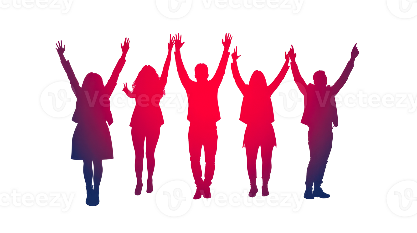 Group of people raising hands, vibrant gradient, unity concept, cut out transparent png