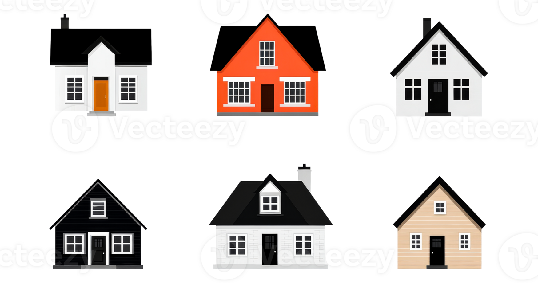 Set of different houses, dwelling architecture, modern constructions, cut out transparent png
