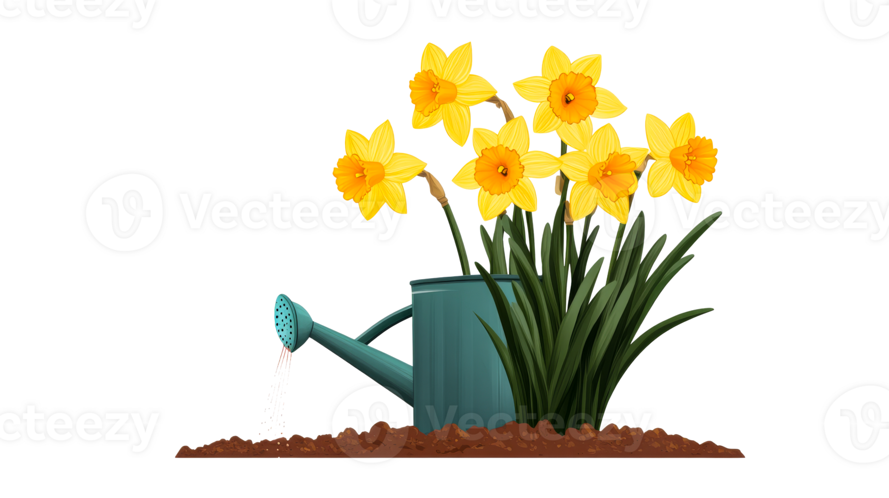 Watering daffodils with a green watering can, cut out transparent png