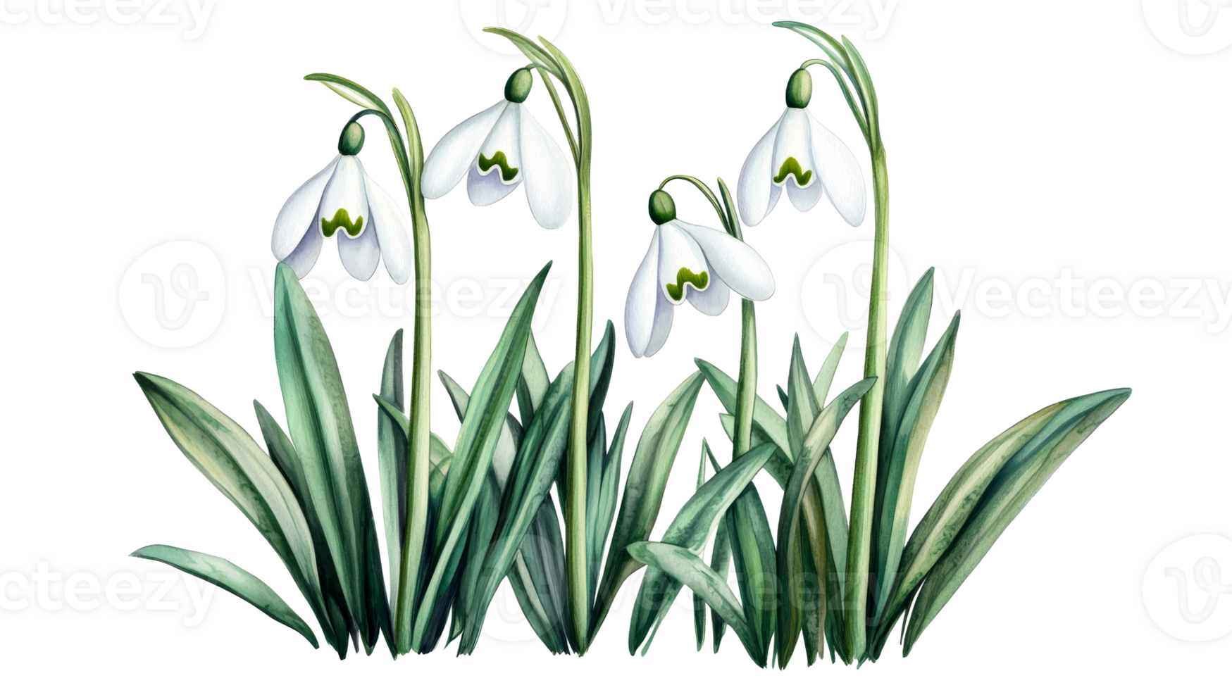 Graceful snowdrop flowers with green leaves, isolated, cut out transparent png