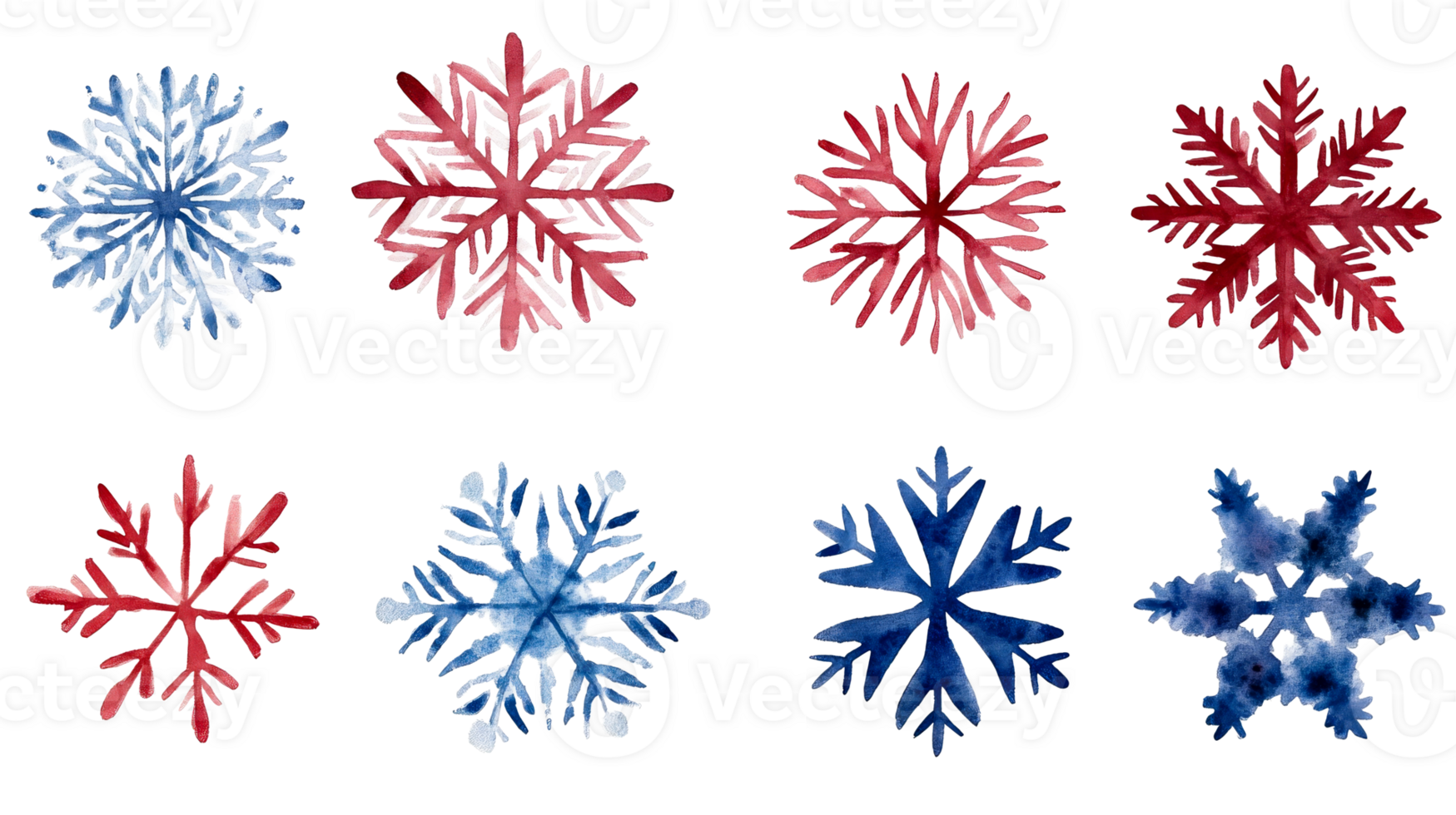 Watercolor snowflakes in blue and red colors, cut out transparent png