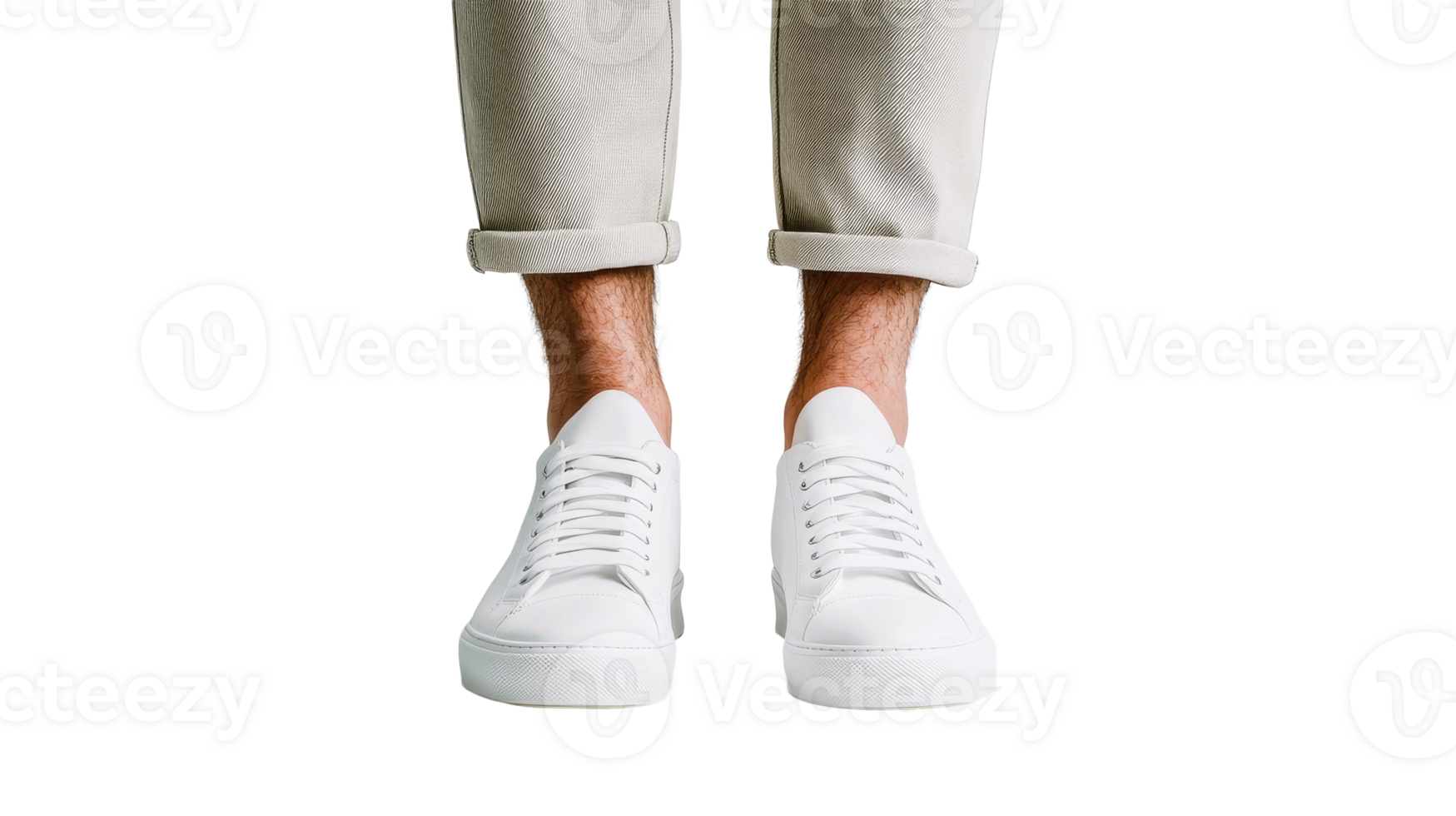 White sneakers, rolled up pants on male legs, stylish look, cut out transparent png