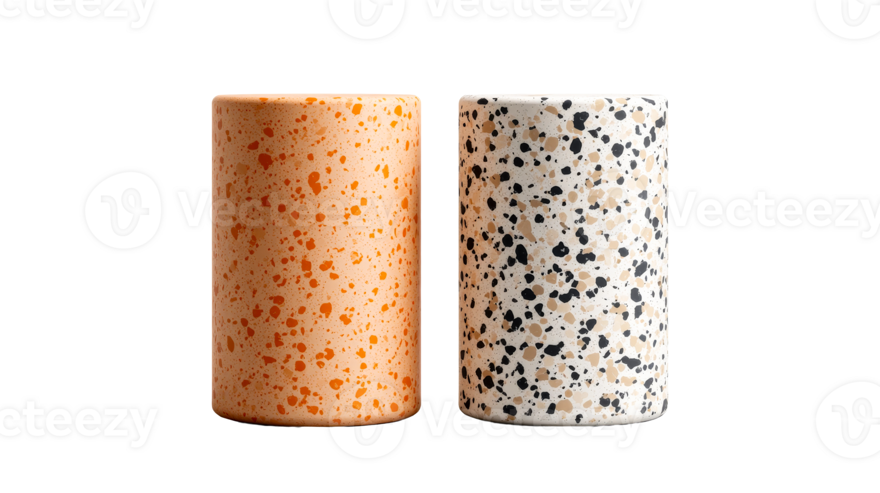 Stylish Terrazzo Patterned Cylindrical Vases on Black Background, cut out transparent png