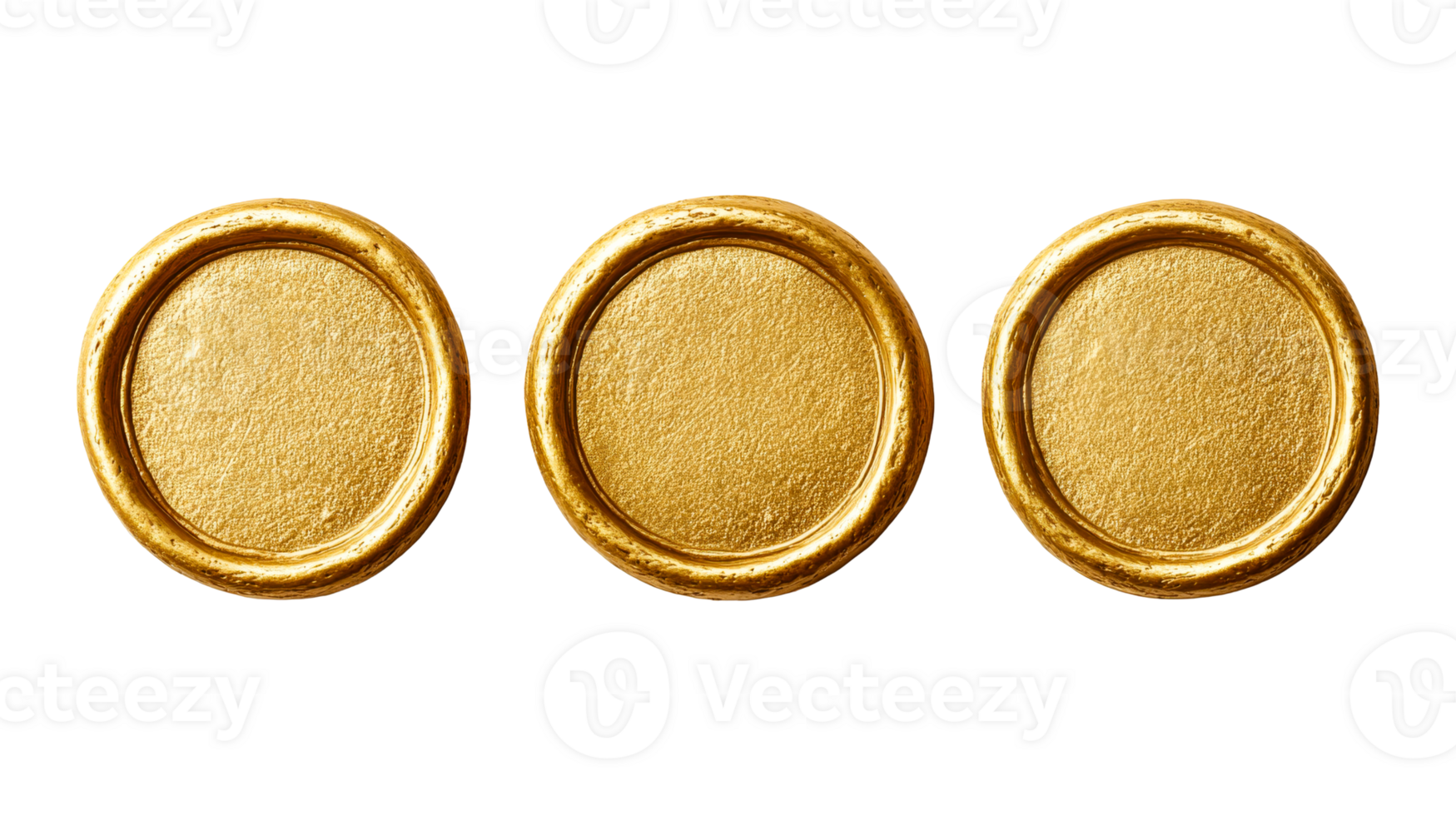 Three golden vintage frames isolated on black background, cut out transparent png