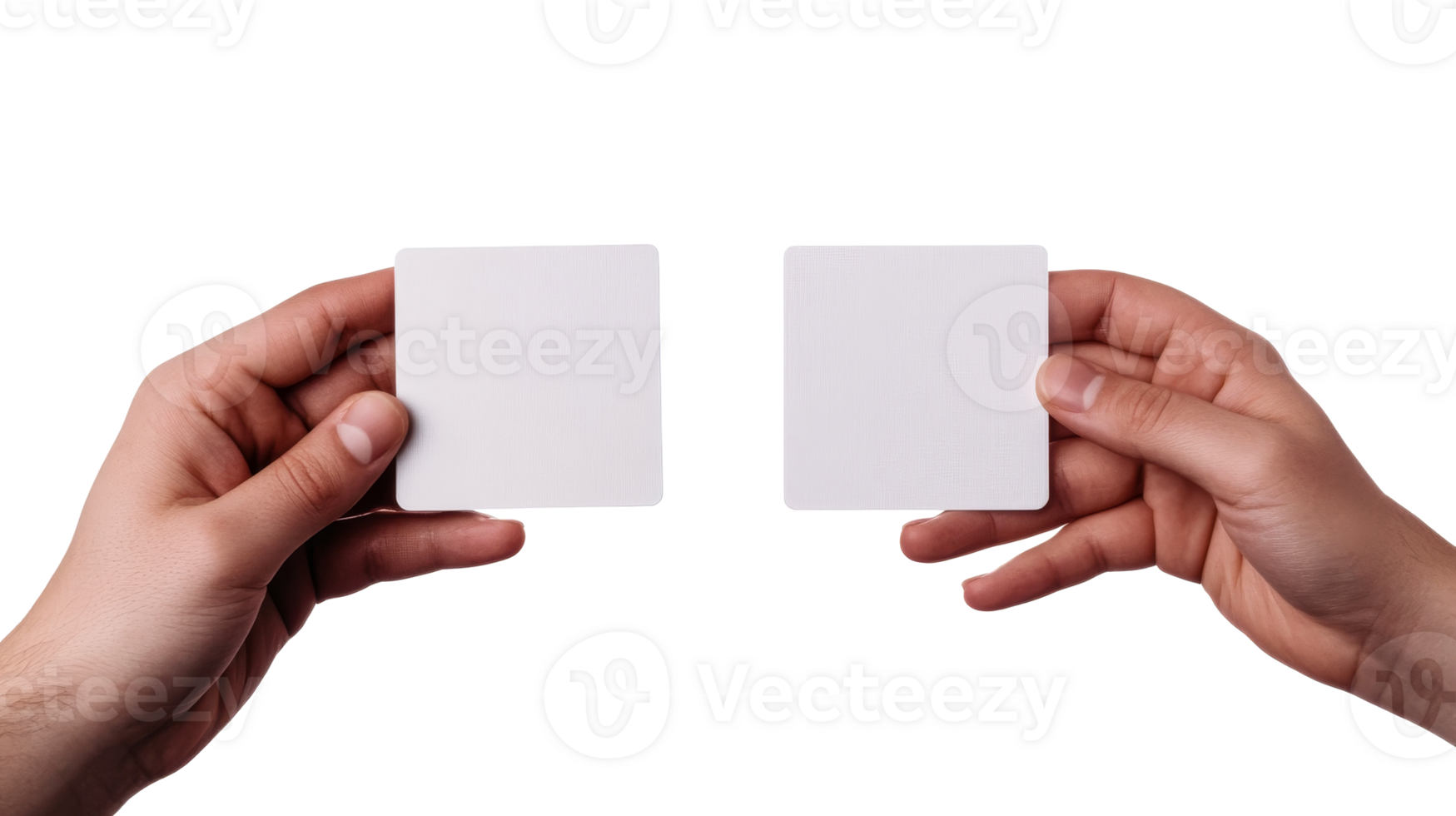 Person showing empty square business cards, hands holding mockup, cut out transparent png