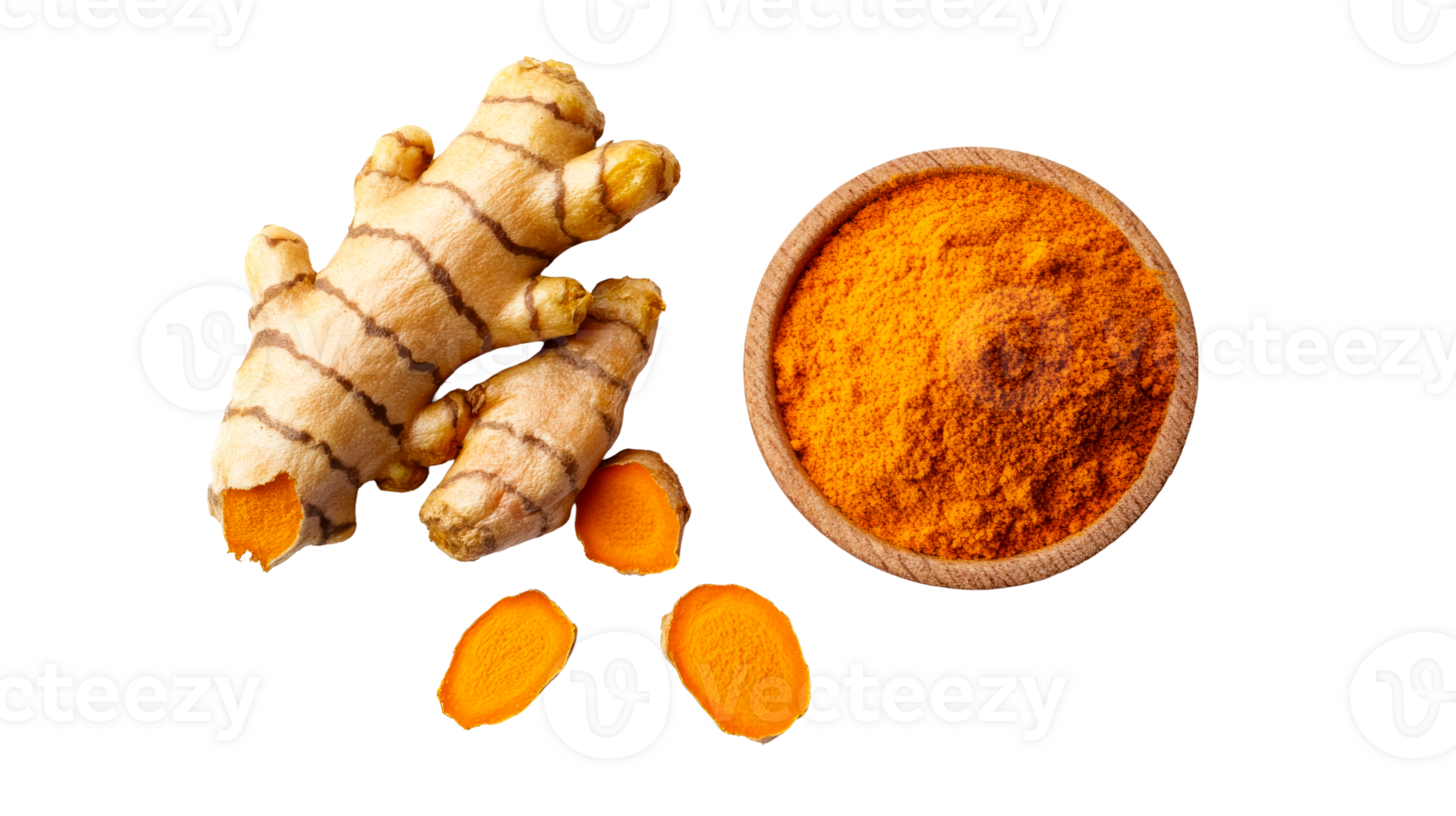 Turmeric root and powder against black background, cut out transparent png