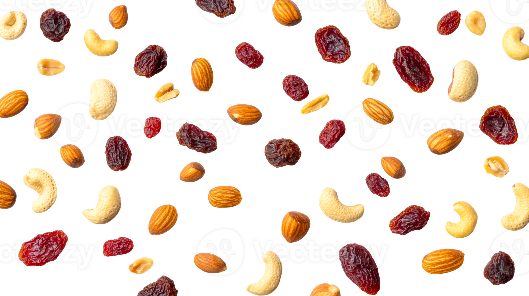 Mixed nuts and raisins scattering on a black background, cut out transparent png