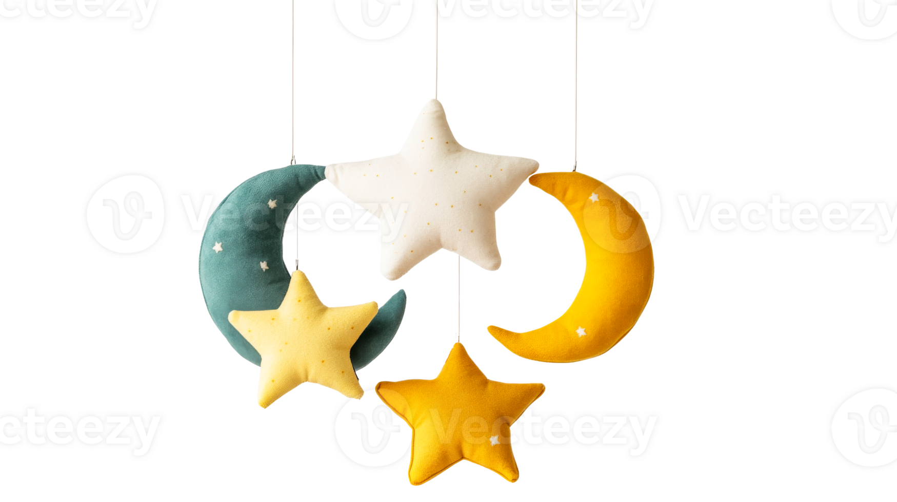 Baby crib mobile of moons and stars on black background, cut out transparent png