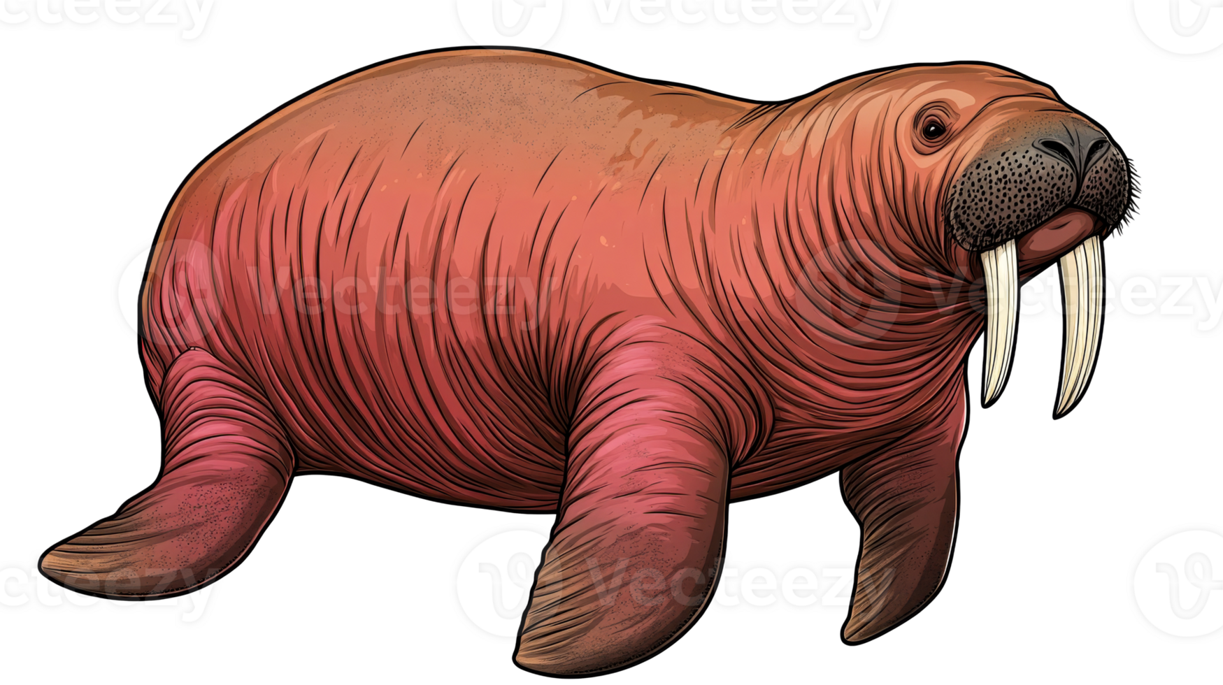 Detailed walrus illustration with wrinkly skin and tusks, cut out transparent png