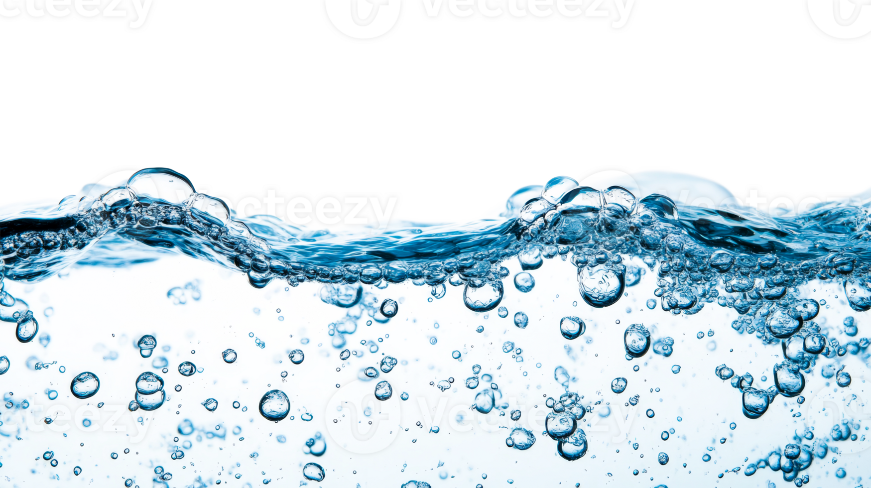 Water with bubbles and surface wave, blue transparent background, cut out transparent png