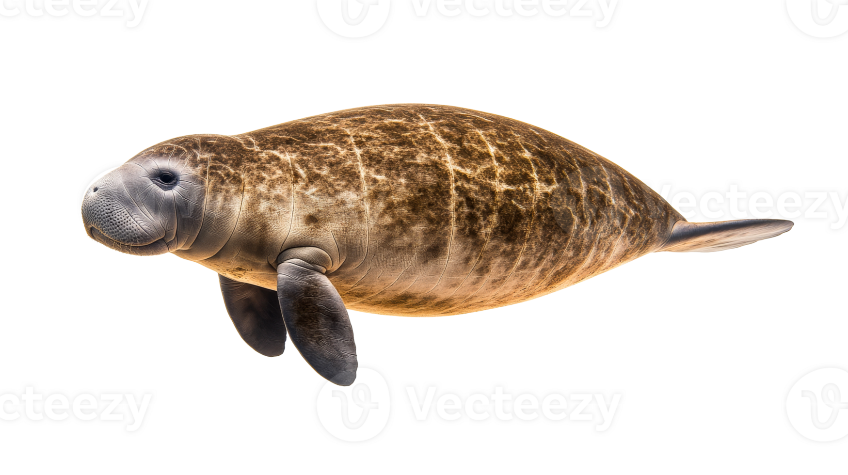 Manatee with mottled skin on black background, cut out transparent png