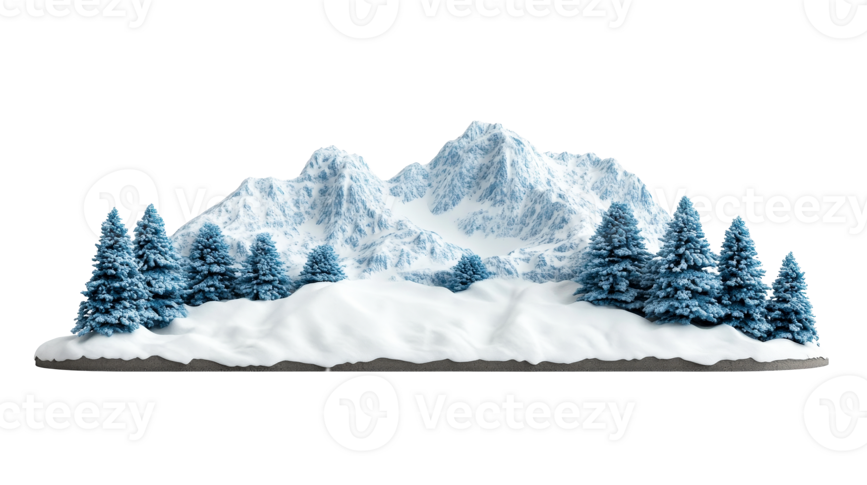 Snowy Mountains and Fir Trees in Winter Landscape, cut out transparent png