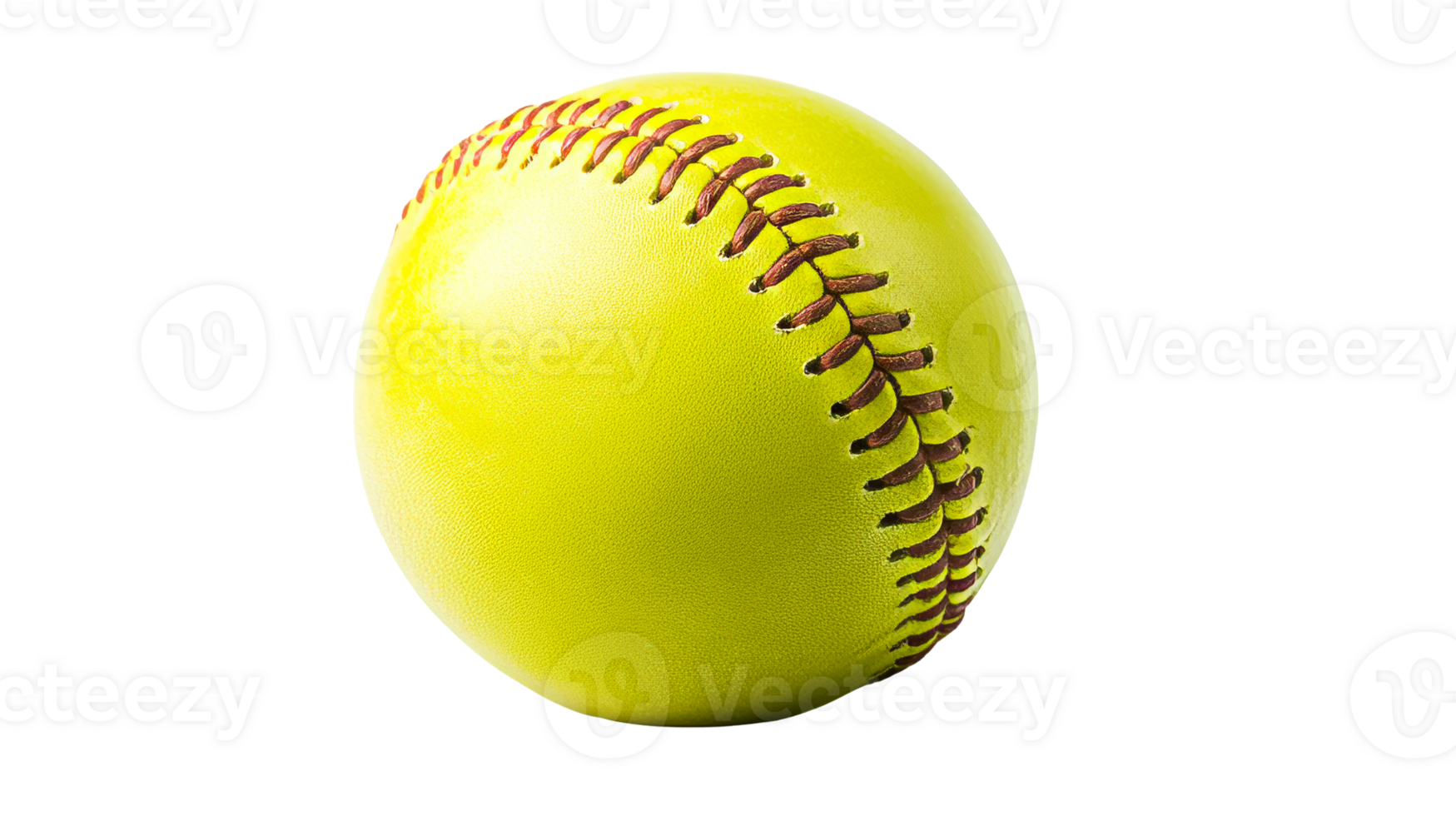 Yellow softball with red stitches against a black background, cut out transparent png